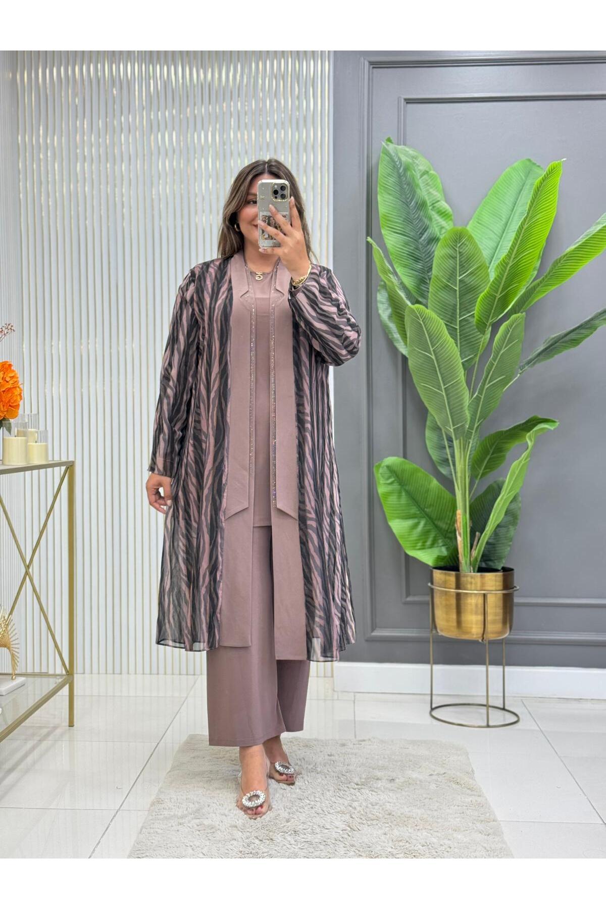 Modam Bella BÜYÜK BEDEN ÜÇLÜ ÇİZGİ DESENLİ TAKIM