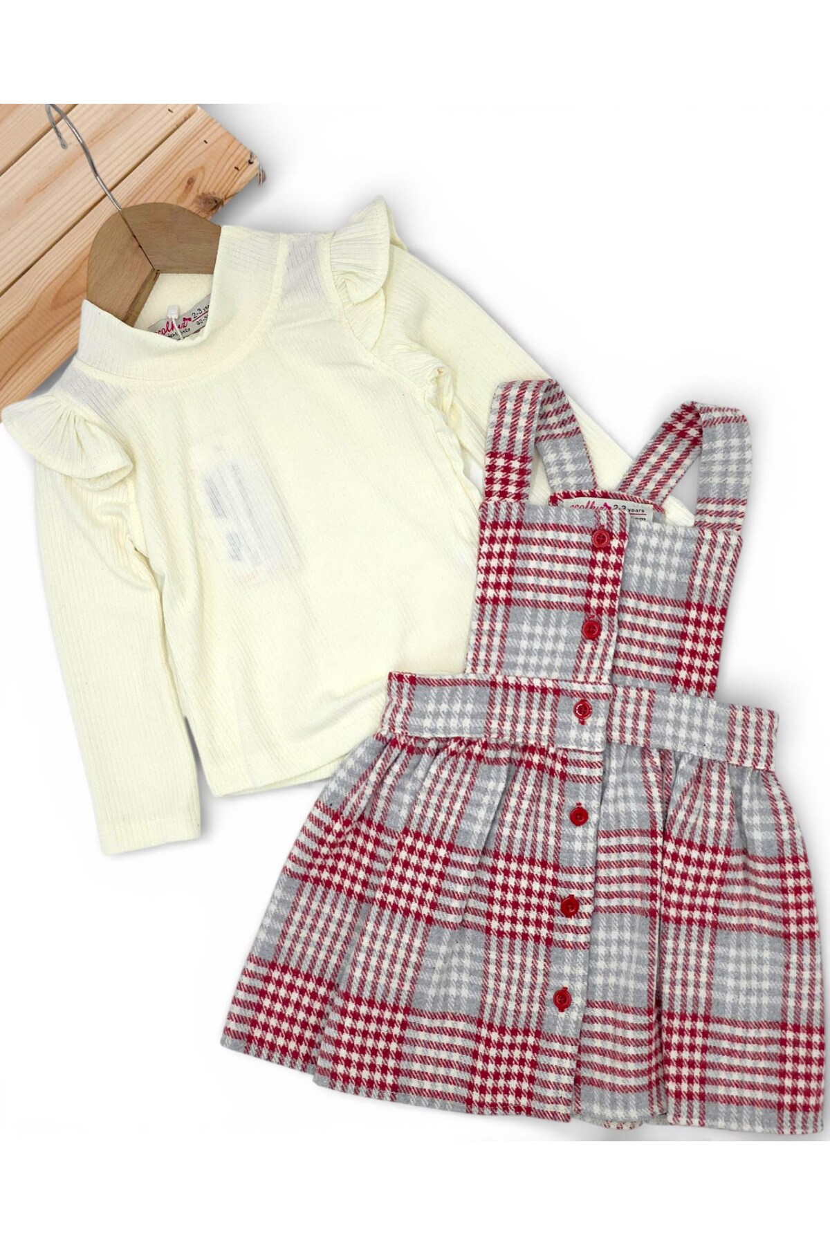 Ege Bebek Kız Çocuk Ekose Desenli 2-3-4-5-6 Yaş Salopet Elbise , Badili 2'li Şık Takım fotoğrafı 3 (önizleme)