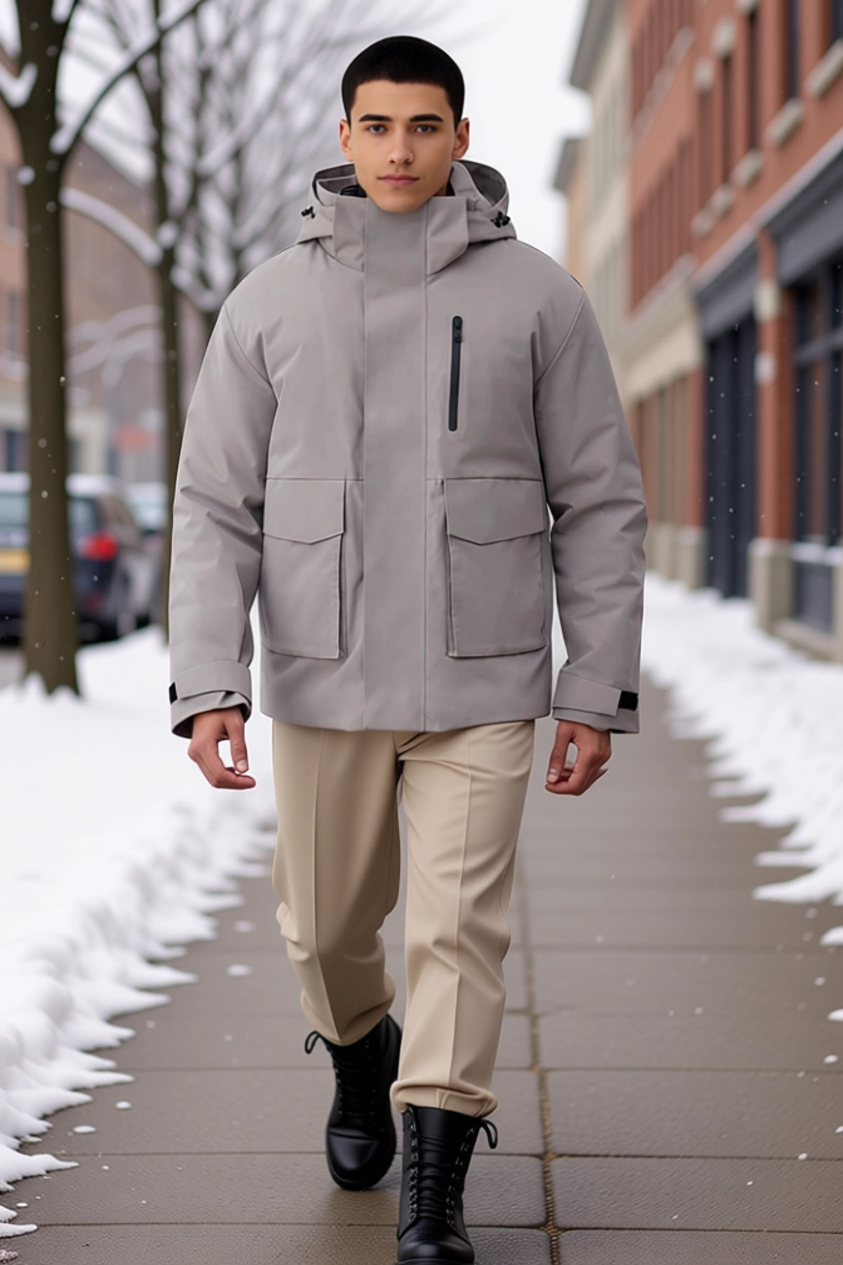 Erkek Kapüşonlu Standart Kol Fitted Kumaş Parka Fonksiyonel Dayanıklı Kaliteli Konforlu Şık