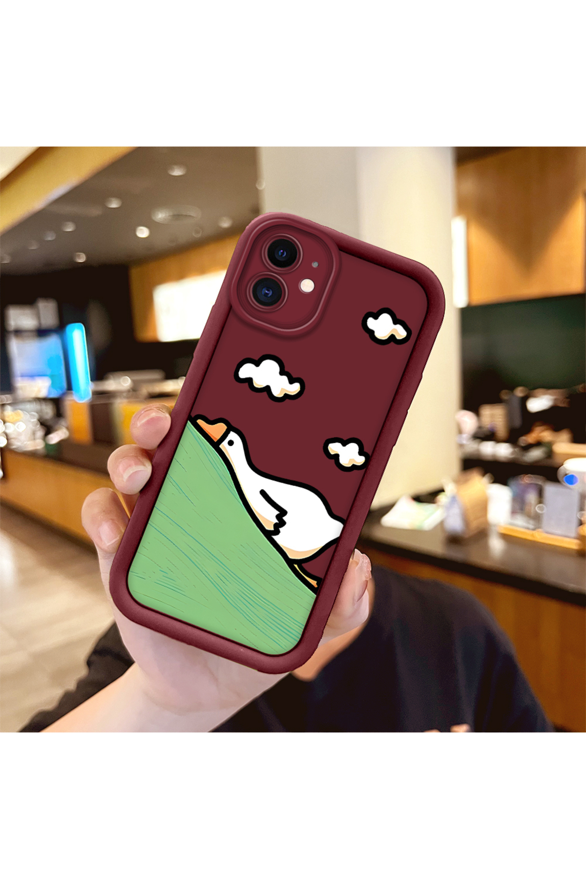 iPhone 12 Compatible Flexible Silicone Protection Burgundy Color Cute Duck Case