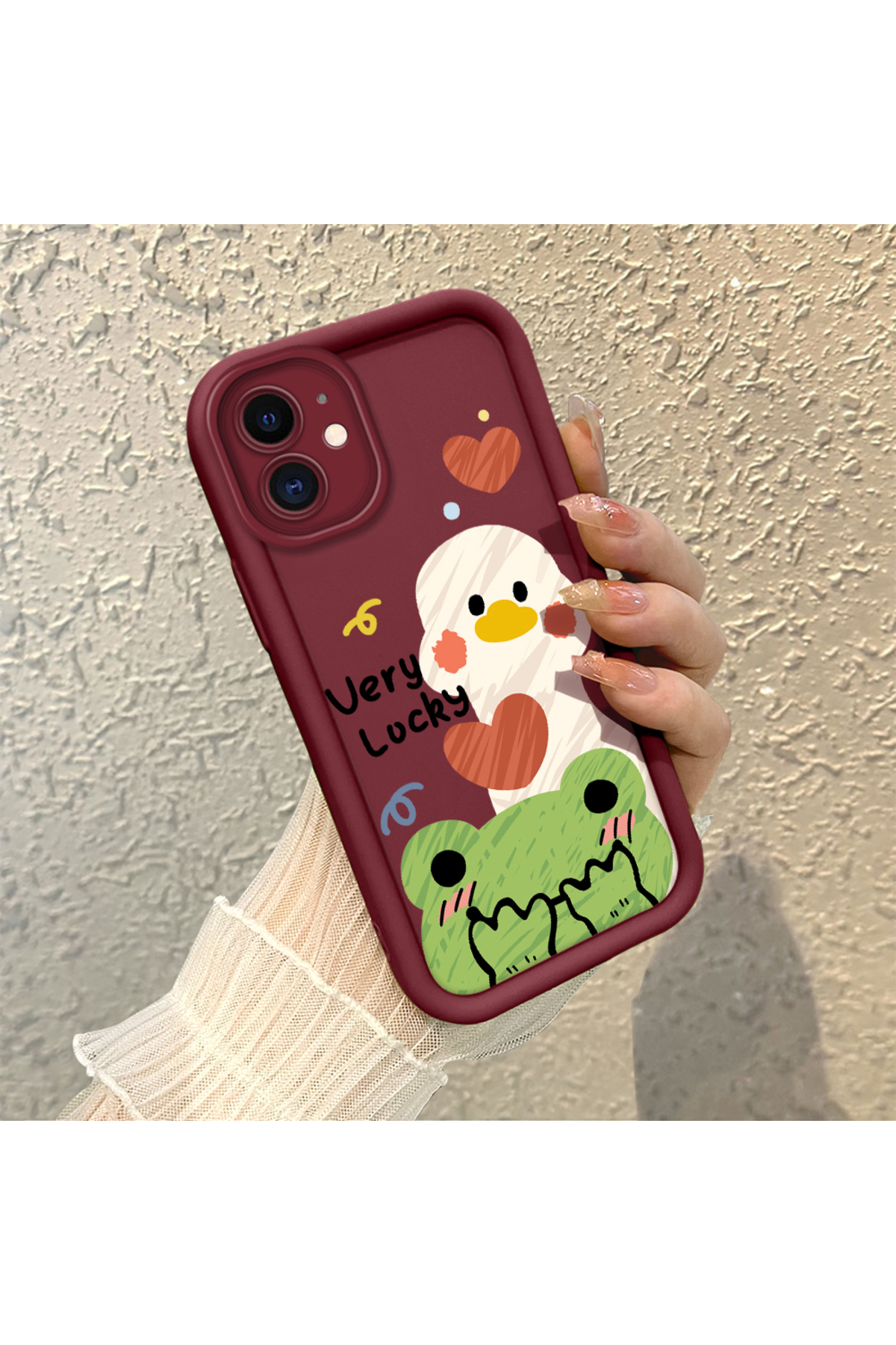 iPhone 12 Compatible Flexible Silicone Protection Burgundy Color Cartoon Case