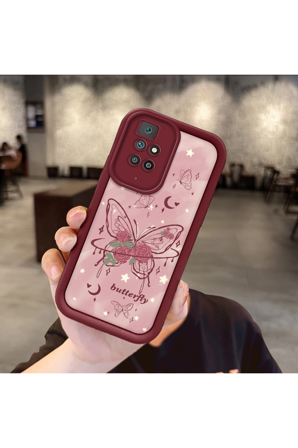 Xiaomi Redmi 10 2022 Compatible Rose Butterfly Pattern Claret Red Silicone Shockproof Case