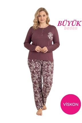 seamlife Mor Kadın Büyük Beden Desenli Bisiklet Yaka 3 Düğmeli Mevsimlik Likr...