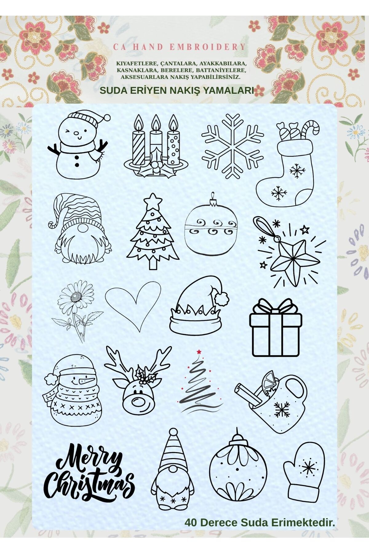 CA _hand_embroidery 20 Farklı Yılbaşı Desenleri Serisi Suda Eriyen Sanatsal Transfer Kağıdı A4 Boyutunda Yazıcı Baskılı