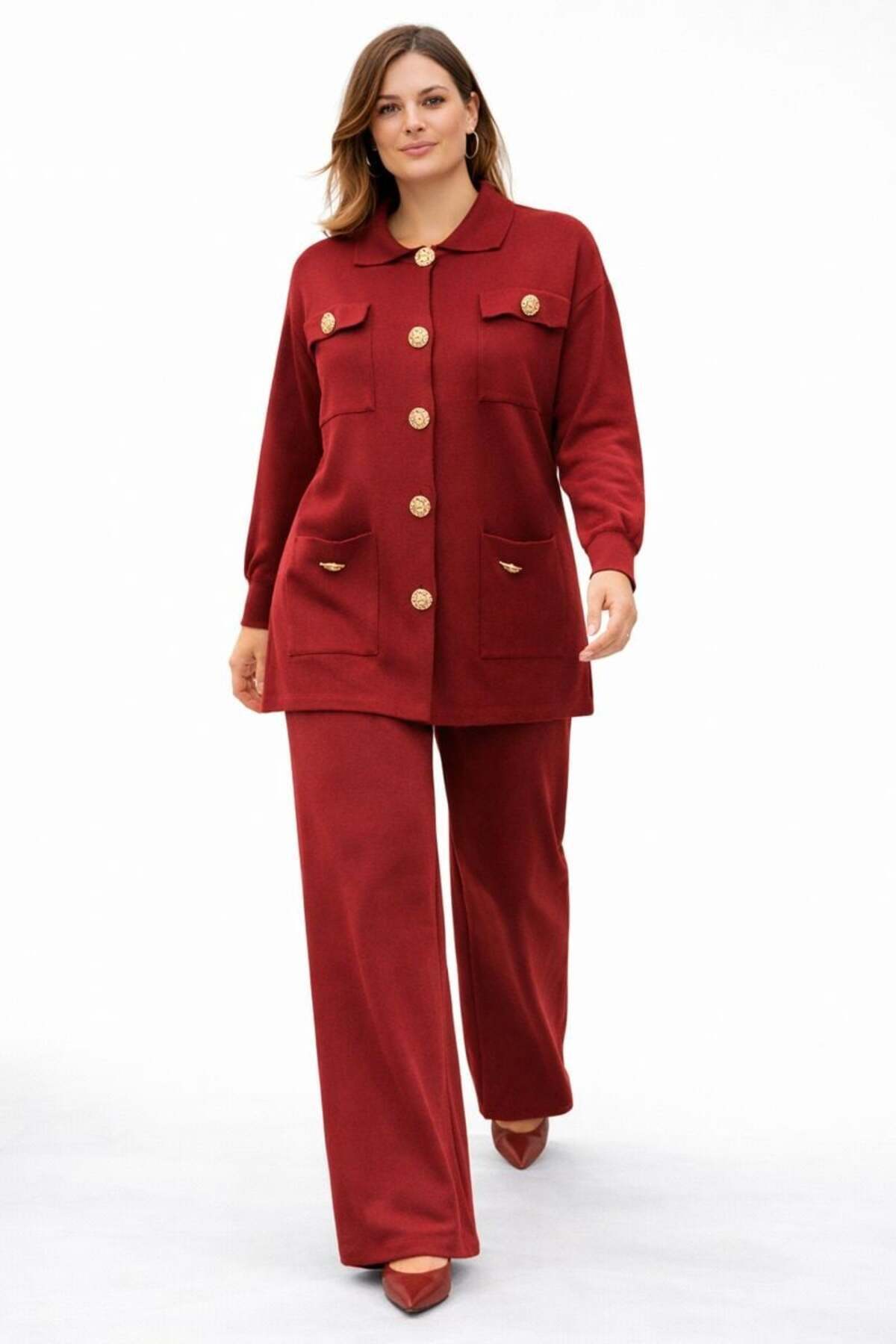 bezeXL Büyük Beden Düğmeli İkili Triko Takım Bordo