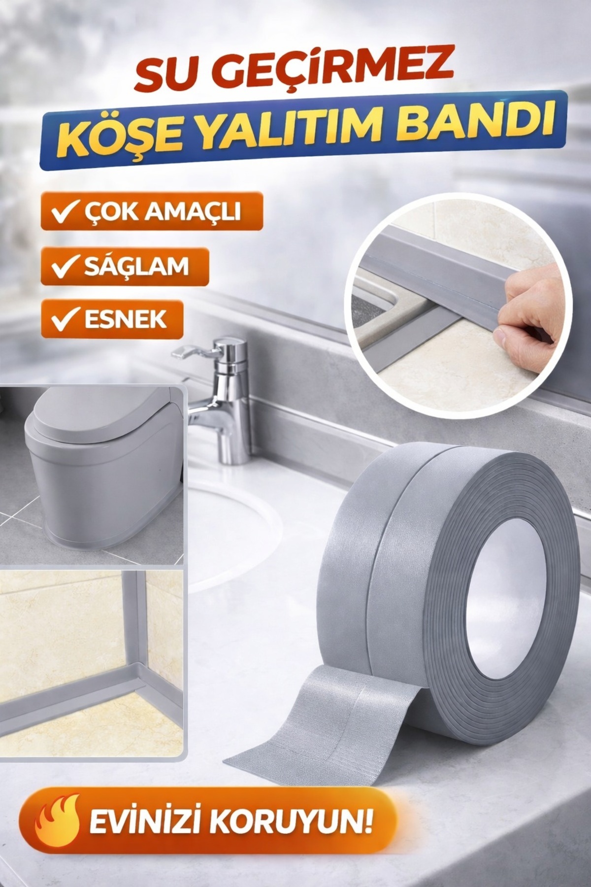 obrigado Su Geçirmez Sızdırmaz Bant 3m Gri – Mutfak Lavabo Banyo
