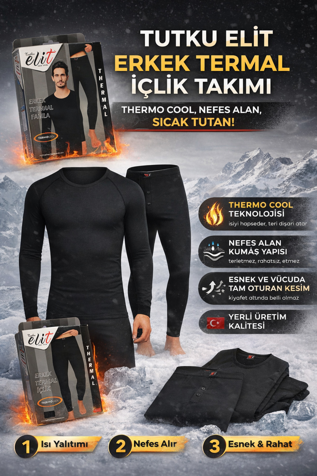 Elit Tutku Erkek Siyah Termal İçlik Takımı Alt Üst, Thermo Cool, Nefes Alan, Sıcak Tutan Kışlık