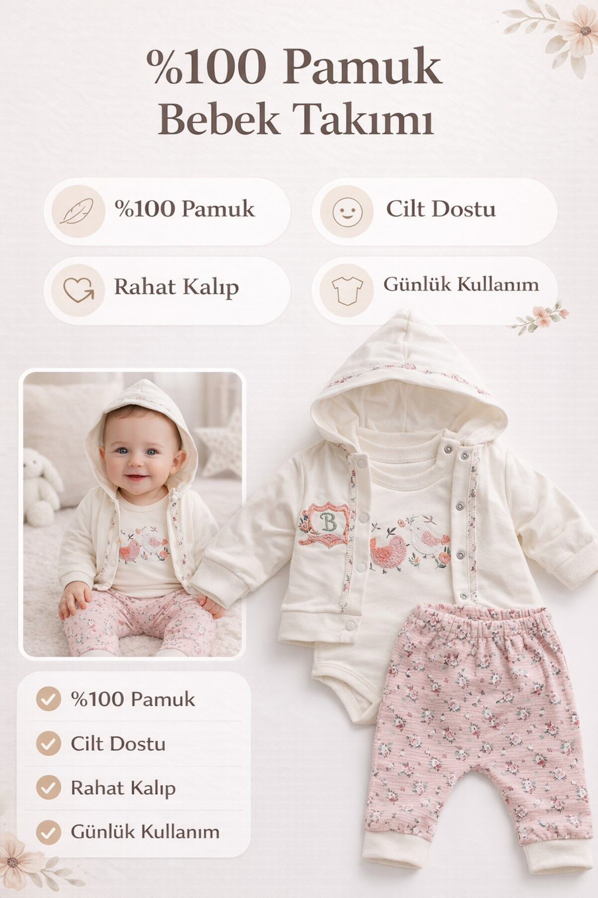 MYZİ STORE Kız Bebek %100 Pamuk 3'lü Nakışlı İç Giyim - Nakışlı Kapüşonlu - Desenli Alt 3 lü Takım fotoğrafı 3 (önizleme)