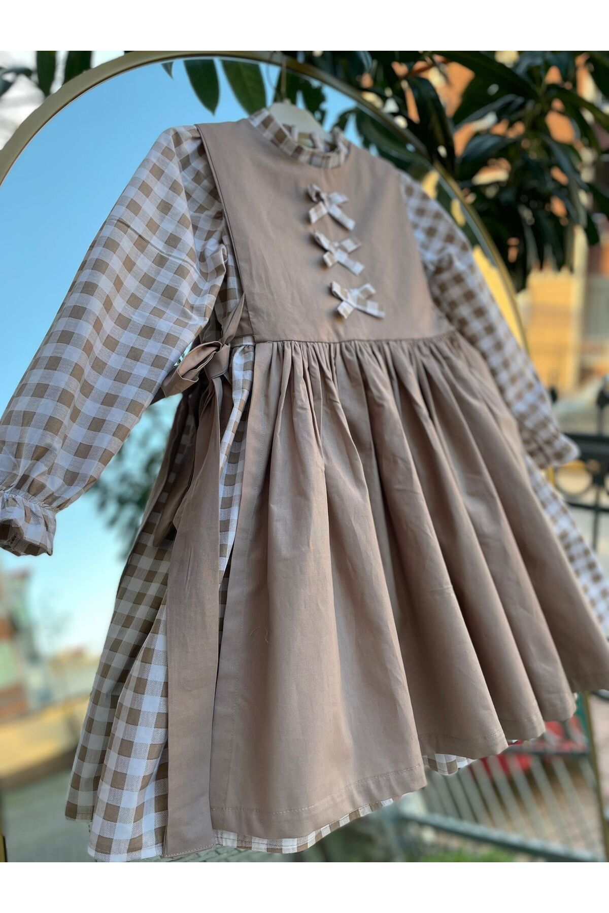 sarena Girl's Brown Checkered Side Lace-Up Poplin Dress 100% Cotton-  Trendyol