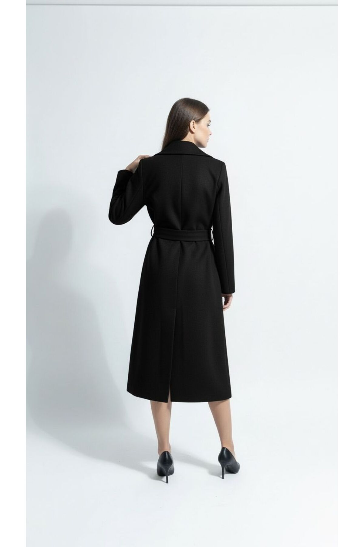 Moda Banuş  Kadın Kuşaklı Cepli Yırtmaçlı Astarlı Kaşe Siyah Kaban - Görsel 3