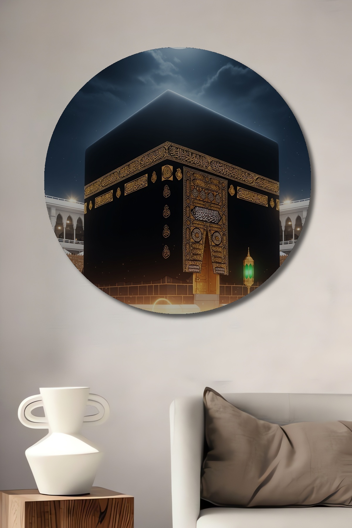 Decorative Wooden Table Round Wall Table with Oil Painting Appearance in Kaaba Full Moon Light