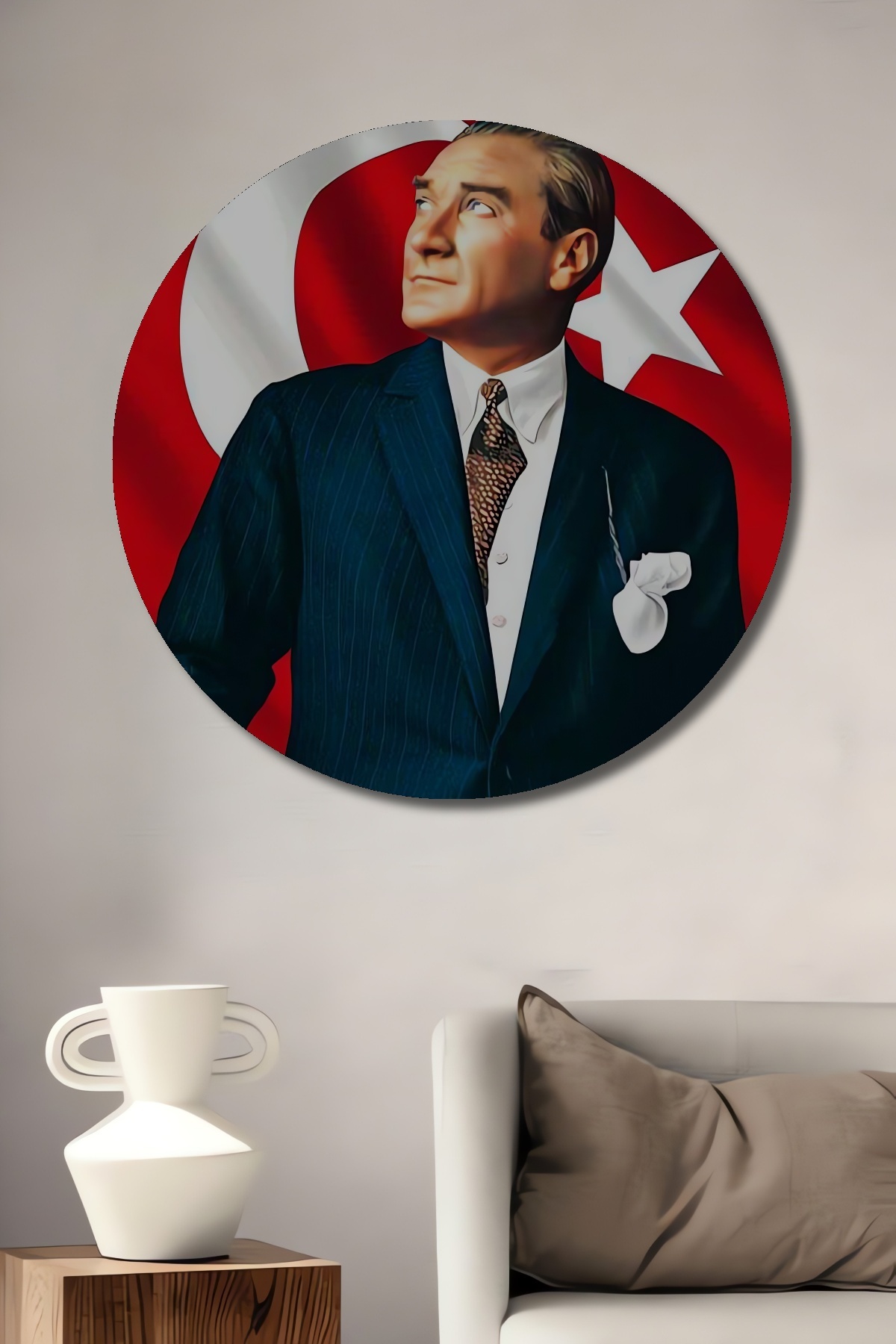 Gazi Mustafa Kemal Atatürk Wooden Decorative Table with Oil Painting Look Round Wall Table