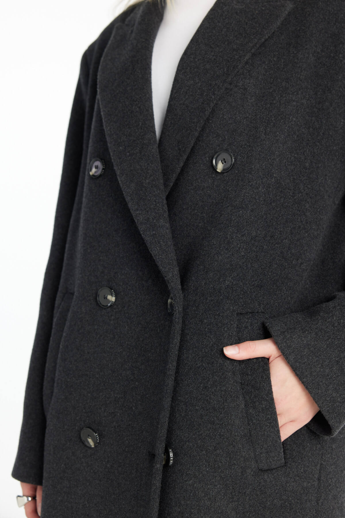 Ted Baker  ANTRASİT YÜNLÜ OVERSİZE KRUVAZE UZUN YÜNLÜ PALTO - Görsel 5