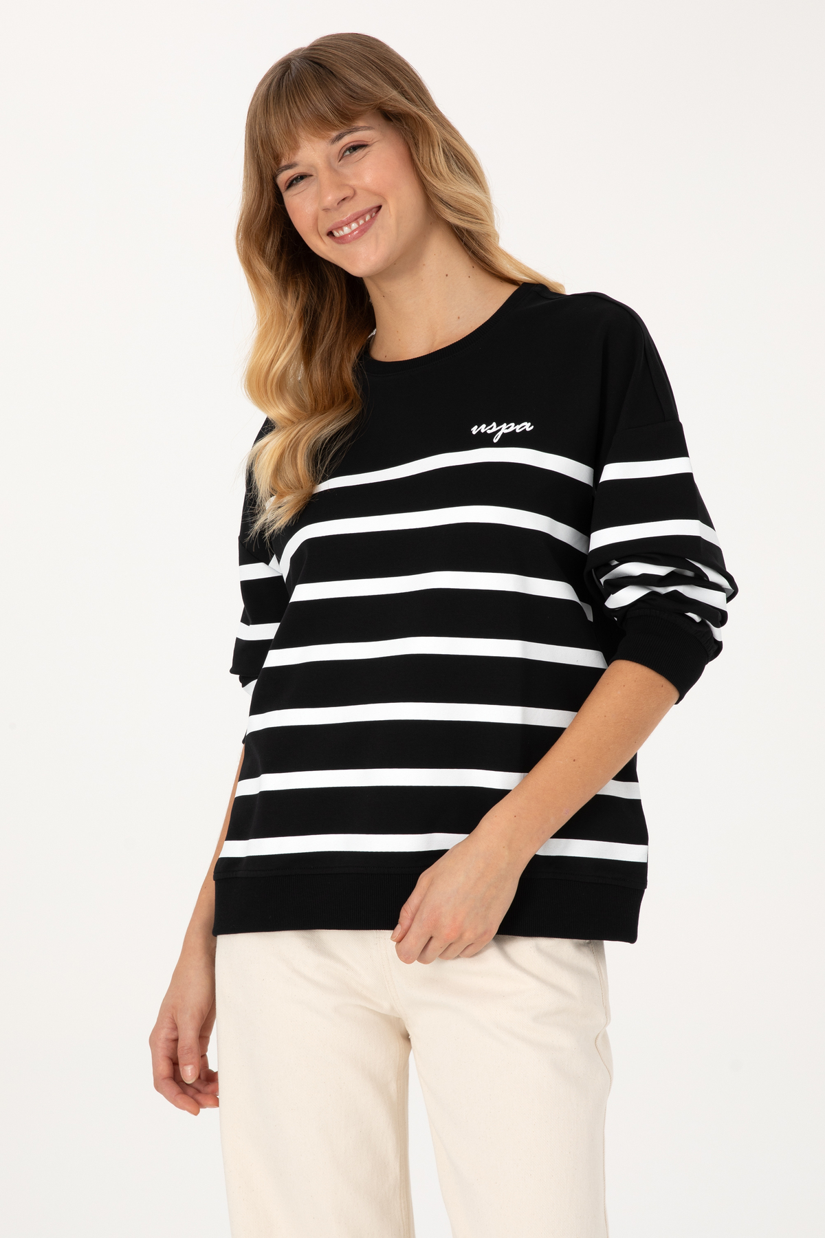 U.S. Polo Assn.  Kadın Siyah Çizgili Bisiklet Yaka Sweatshirt 50313572-VR046 - Görsel 3