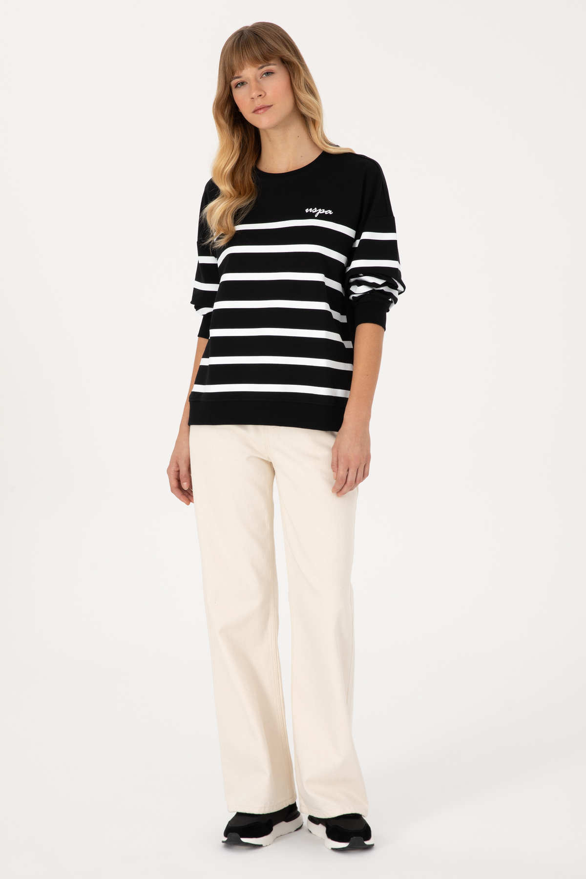 U.S. Polo Assn.  Kadın Siyah Çizgili Bisiklet Yaka Sweatshirt 50313572-VR046 - Görsel 4