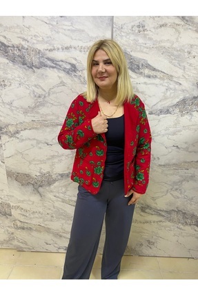 BE ATÖLYE BUTİK Pazen Kırmızı Desenli Cepli Kadın Ceket – Rahat Kesim Günlük ...