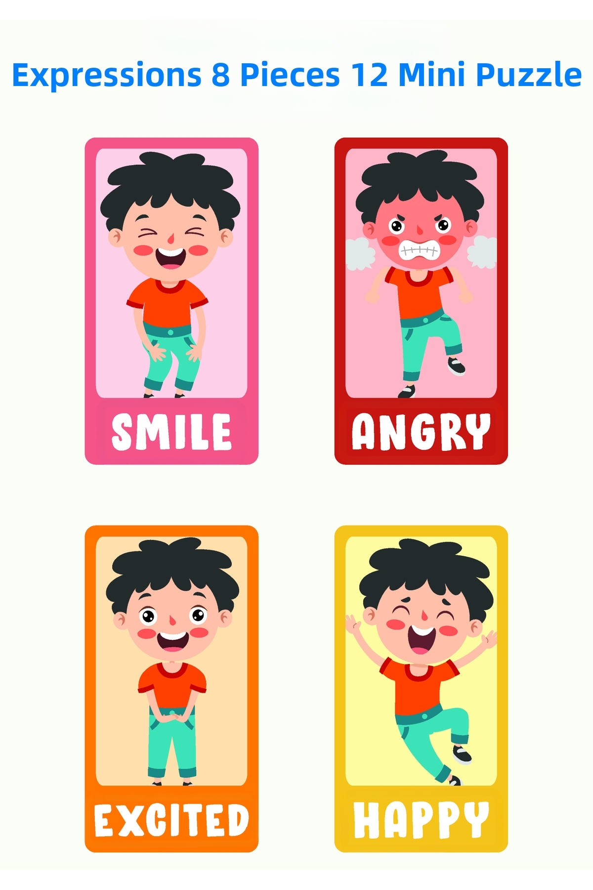 پازل آموزشی چوبی – احساسات و حالات چهره (مجموعه ۱۲ تکه، ۸ قطعه)
