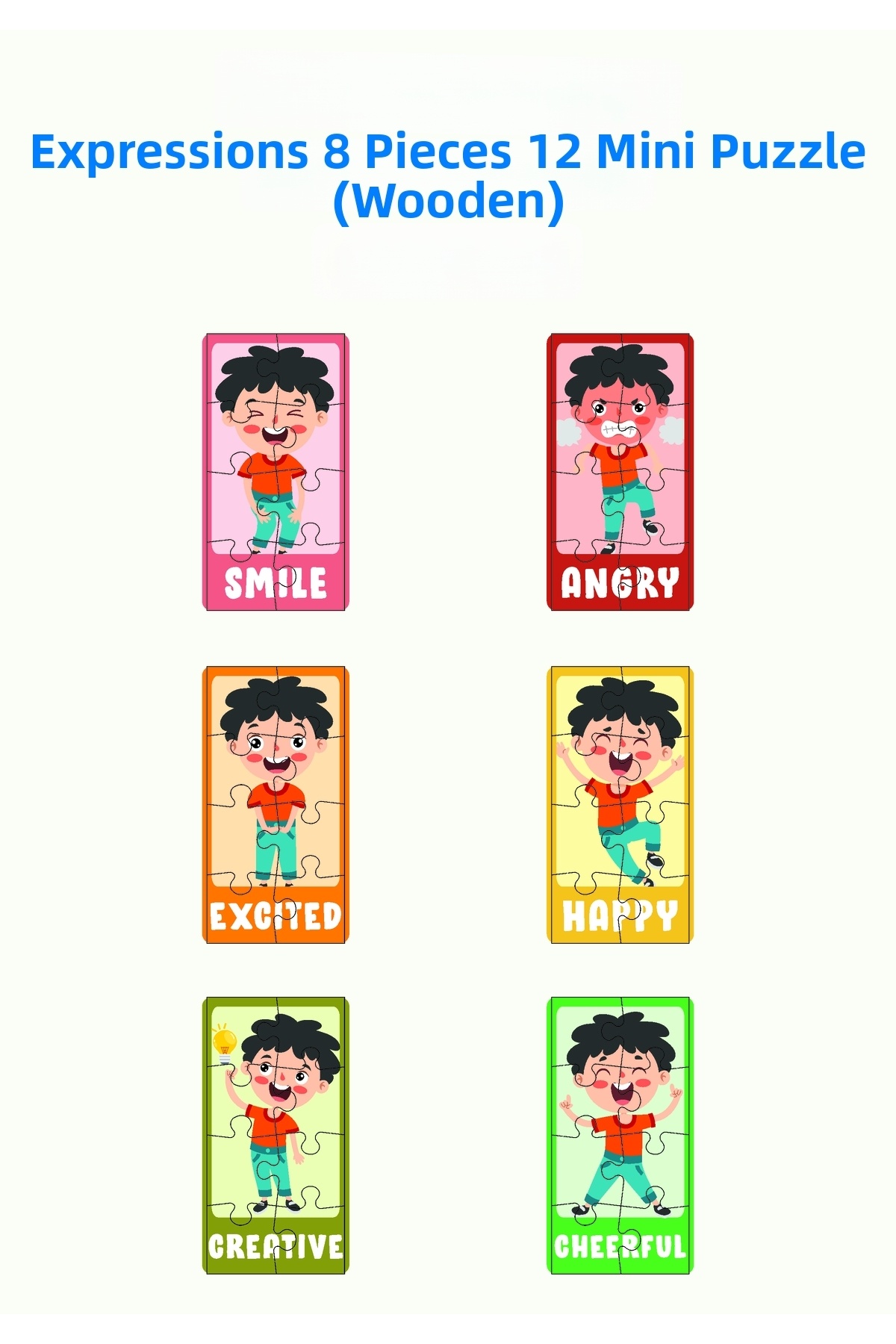 پازل آموزشی چوبی – احساسات و حالات چهره (مجموعه ۱۲ تکه، ۸ قطعه)