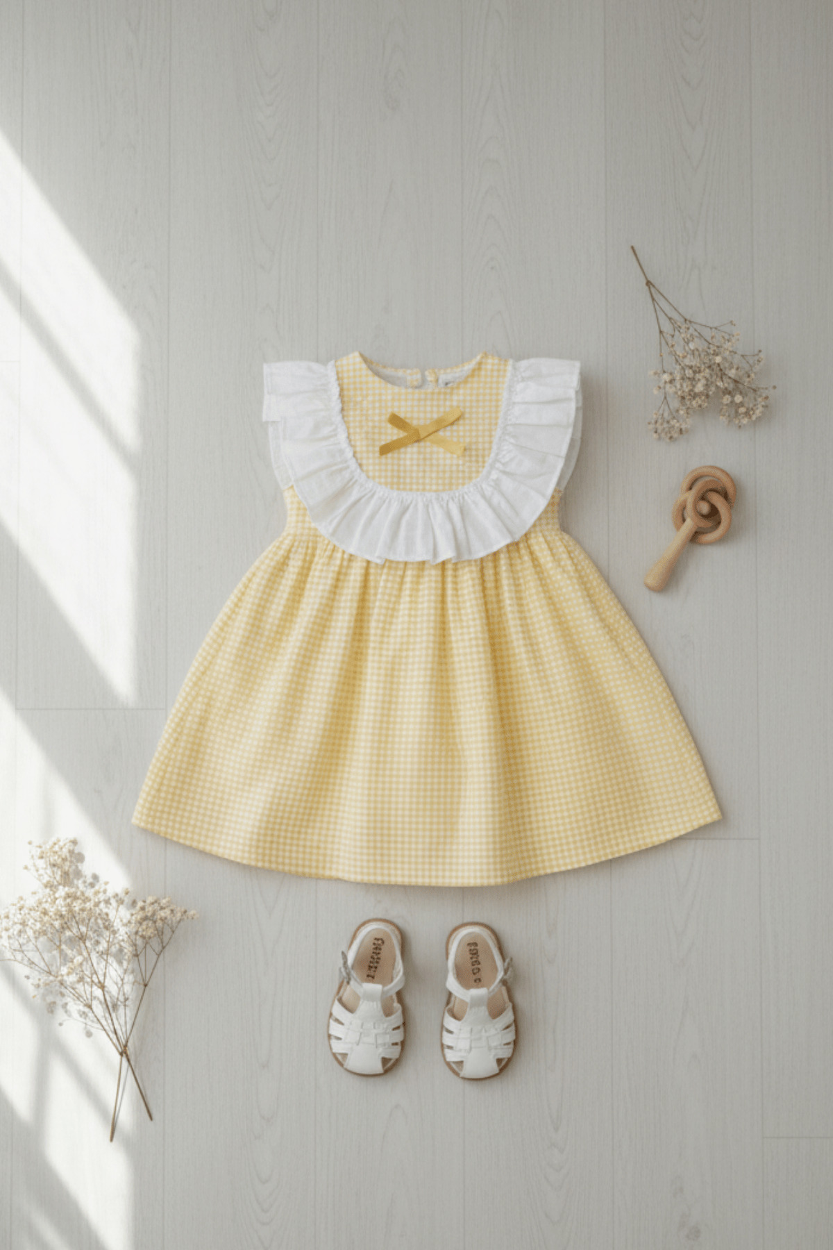 Bertuğ Bebek Fırfır ve Kurdele Süslemeli Pötikare Sarı Kız Çocuk Bebek Elbise fotoğrafı 2 (önizleme)