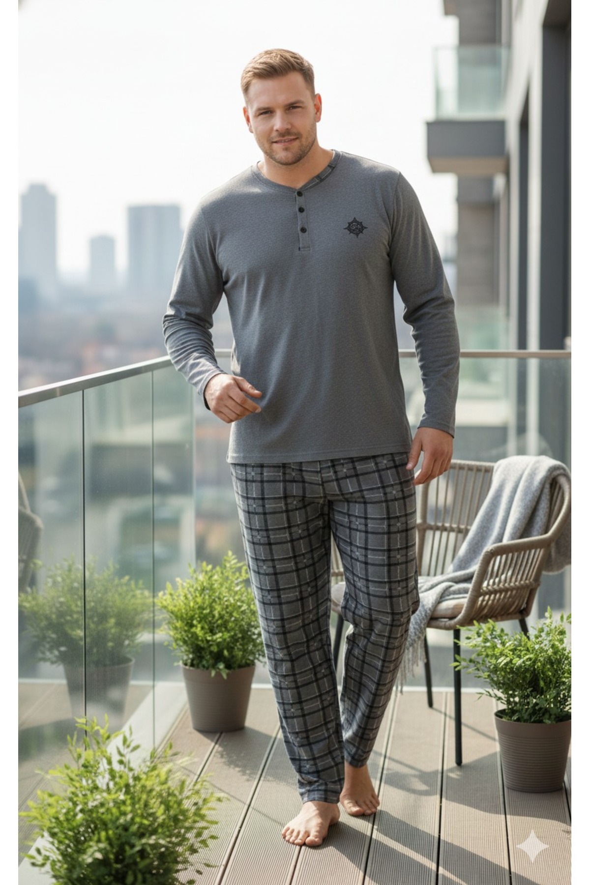 Sude HOMEWEAR Erkek Uzun Kol Antrasit Renk Yarım Pat Düğmeli Büyük Beden Pijama Takımı görsel 2