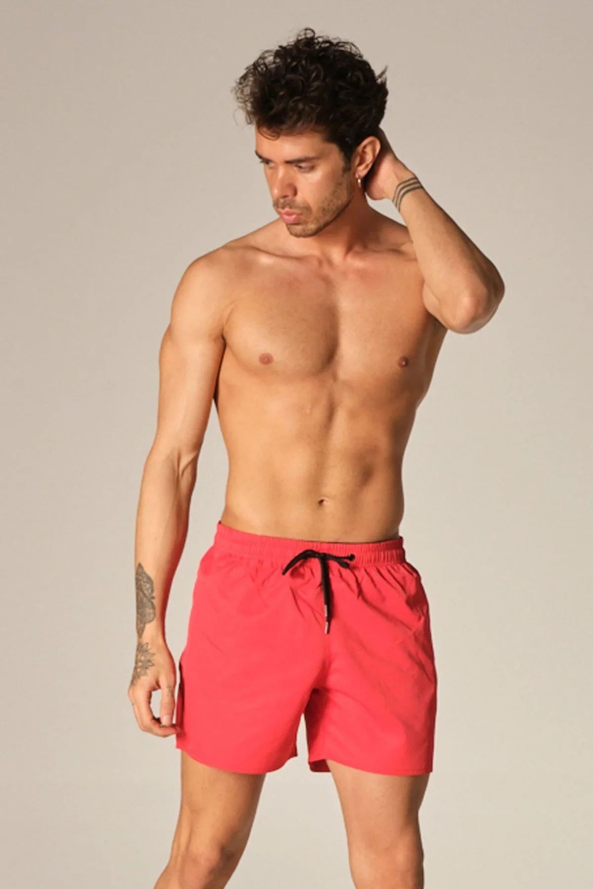 LUGMO Men's Swim Shorts with Pockets, Polyester, Water Repellent Feature, Non-Irritating Lining, Red K-149