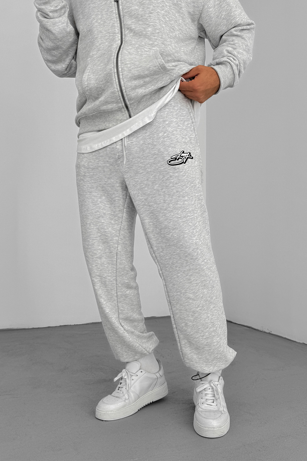 Erkek Curved Baskılı Baggy Ayarlanabilir Paça 3 İplik Şardonlu Bol Kesim Stoper Paça Eşofman Altı