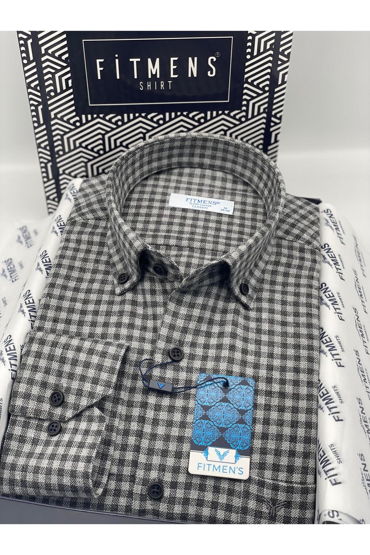 Klasik Uzun Kol Kışlık %100 Cotton Kareli Yaka Düğmeli Hediye Kutulu Erkek Gömlek FS-003127 - Gri — خاکستری