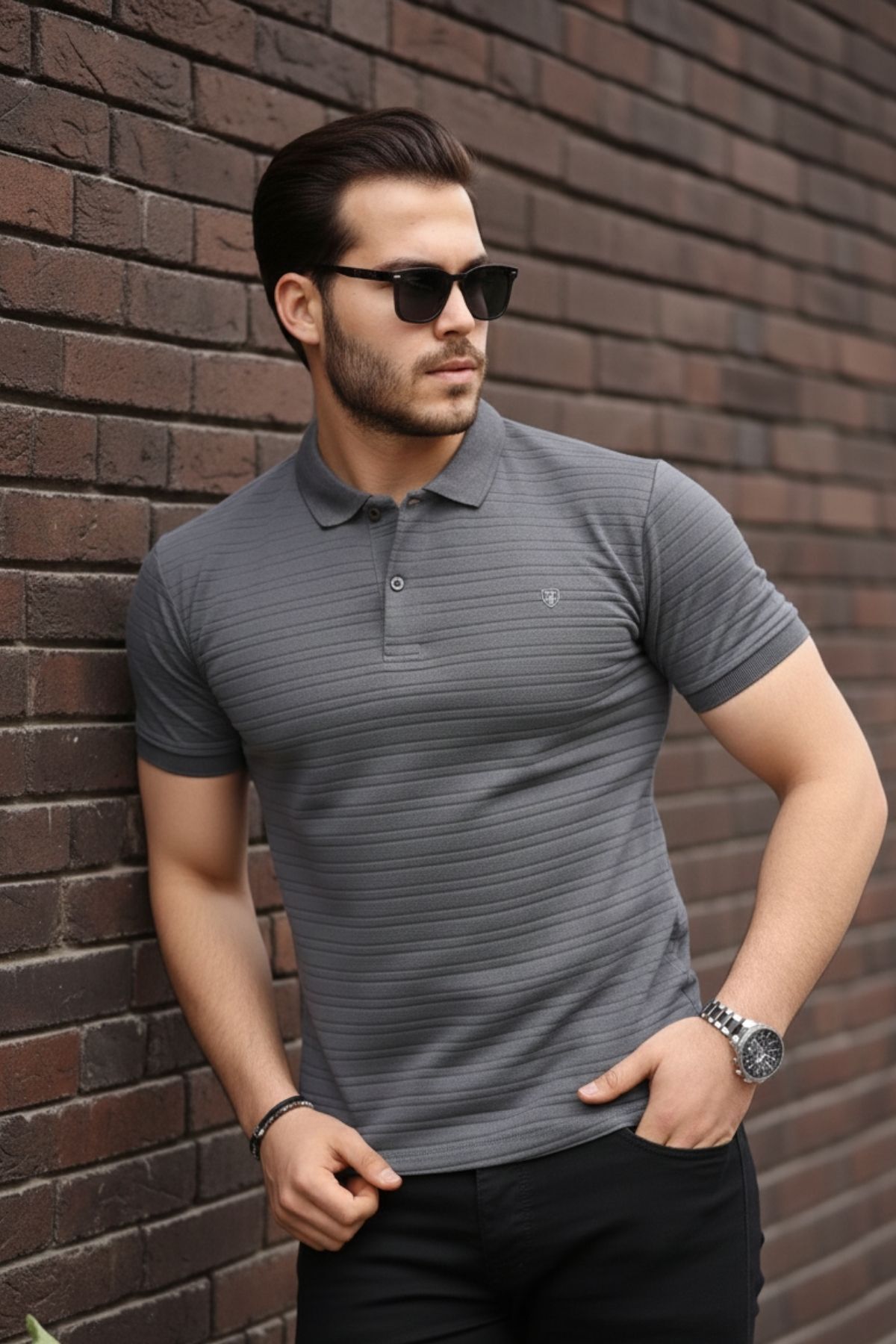 COMBİNE MİCHAİL  Erkek %100 Pamuklu Kumaş Slim Fit Kesim Füme Polo Yaka T-shirt - Görsel 4