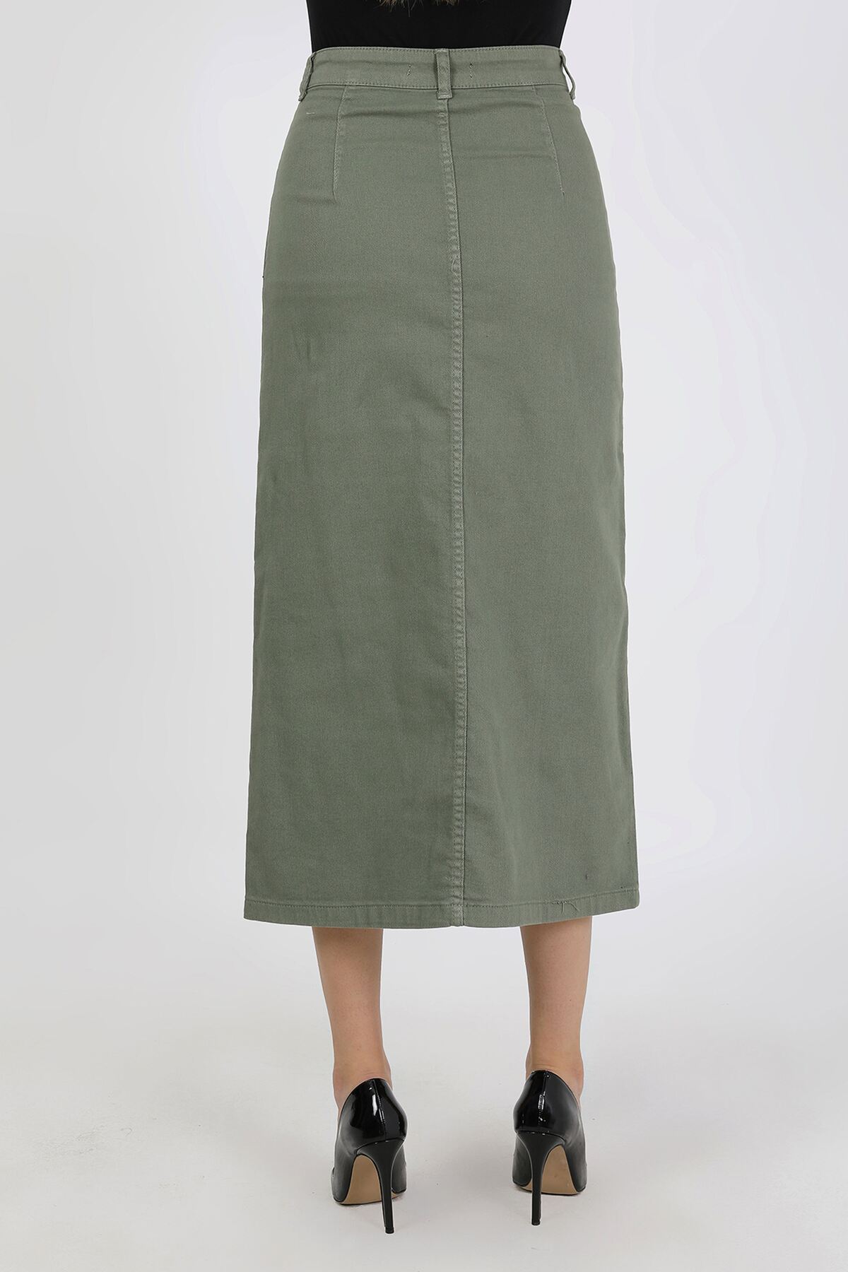 VELLICHOR  Boydan Düğmeli Körük Cepli Tesettür Etek Haki - Görsel 6