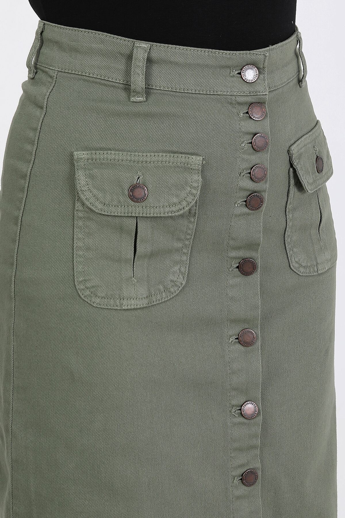 VELLICHOR  Boydan Düğmeli Körük Cepli Tesettür Etek Haki - Görsel 2