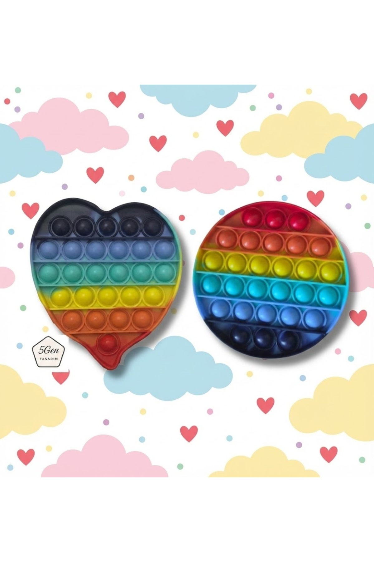 2-Piece Popit Colorful Pop It, Circle and Heart, Stress and Intelligence Game, Sensory Relaxing Fidget Toy