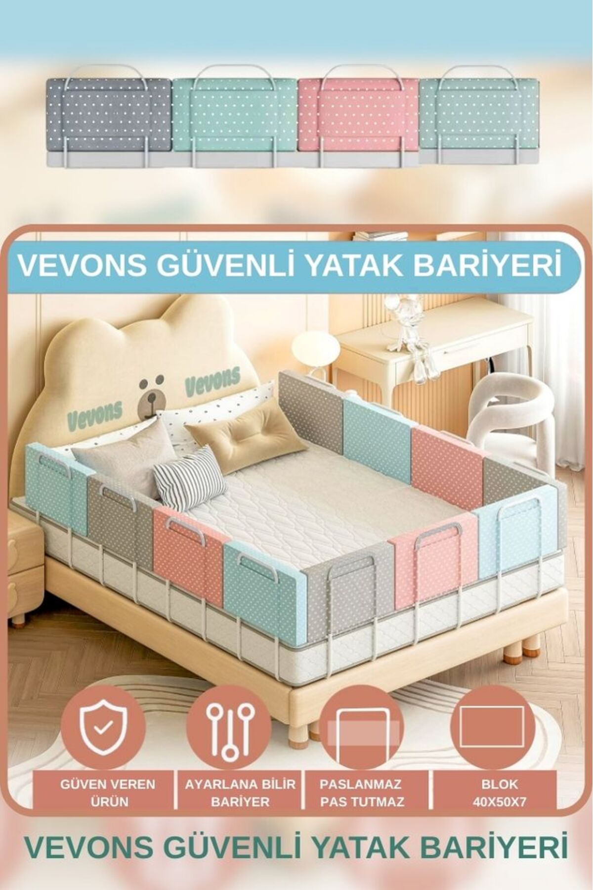 Genel Markalar VEVONS 200 Cm Yatak Bariyeri Lüx Yatak Ve Baza Korkuluğu Güvenlik Bariyeri fotoğrafı 2 (önizleme)