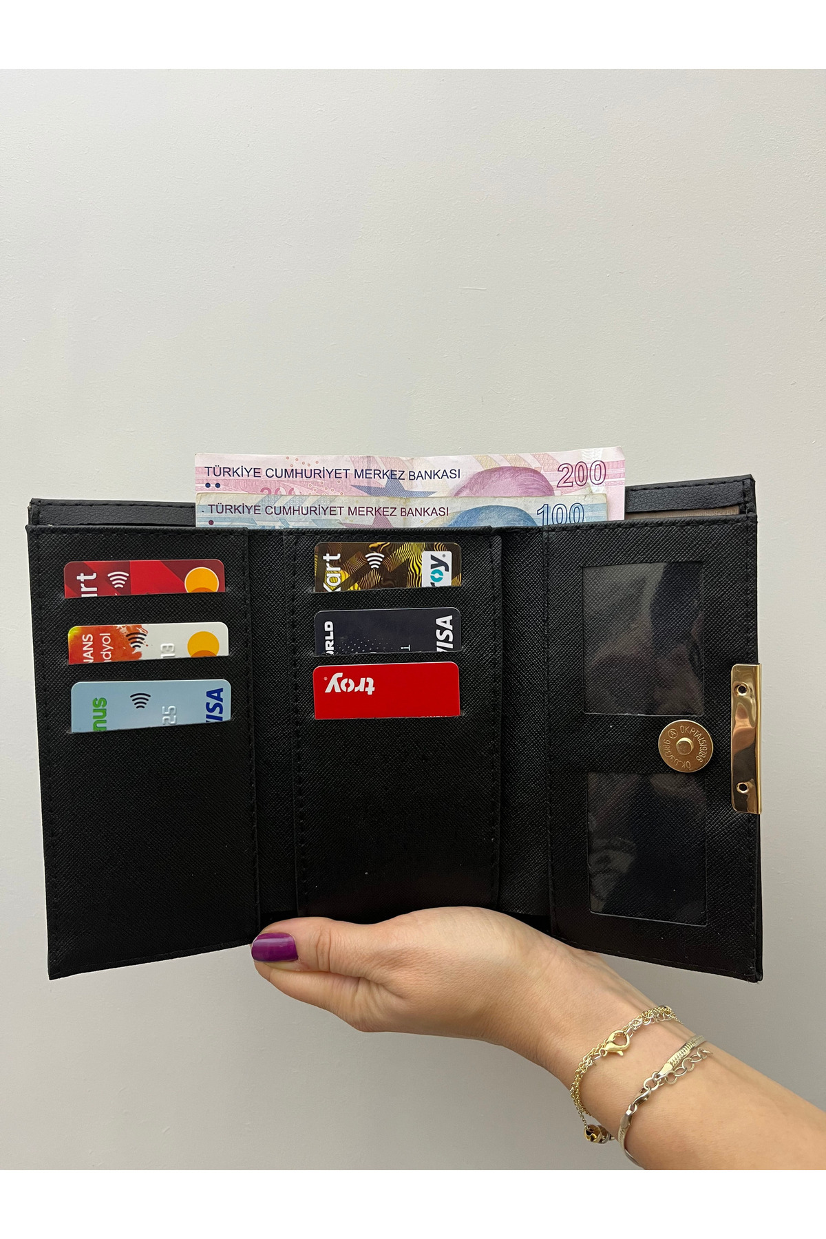 shiny ever  Siyah Kadın Cüzdan El Çantası Gold Detaylı - Görsel 3