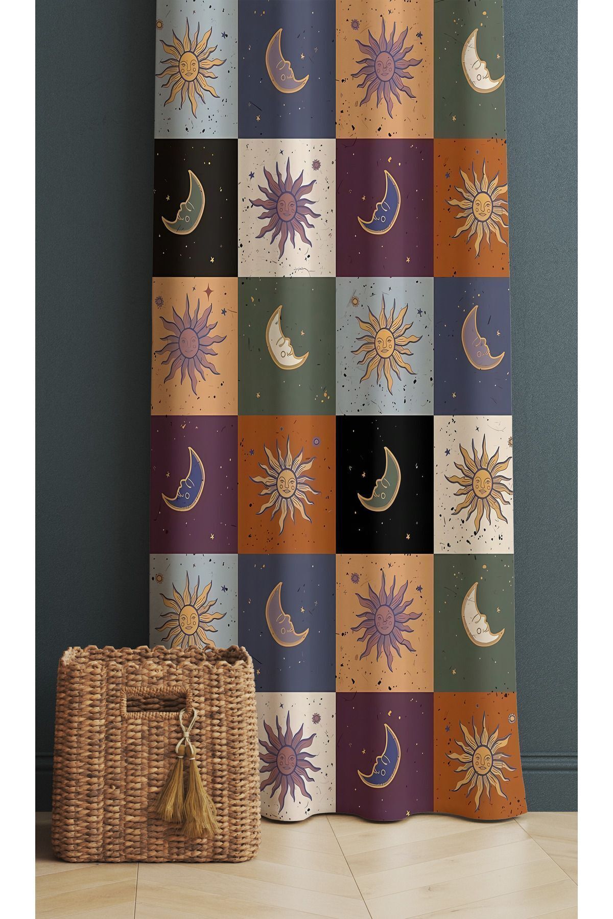ALAMODECOR Güneş ve Ay Desenli Tek Kanat Genç Odası Fon Perde fotoğrafı 2 (önizleme)
