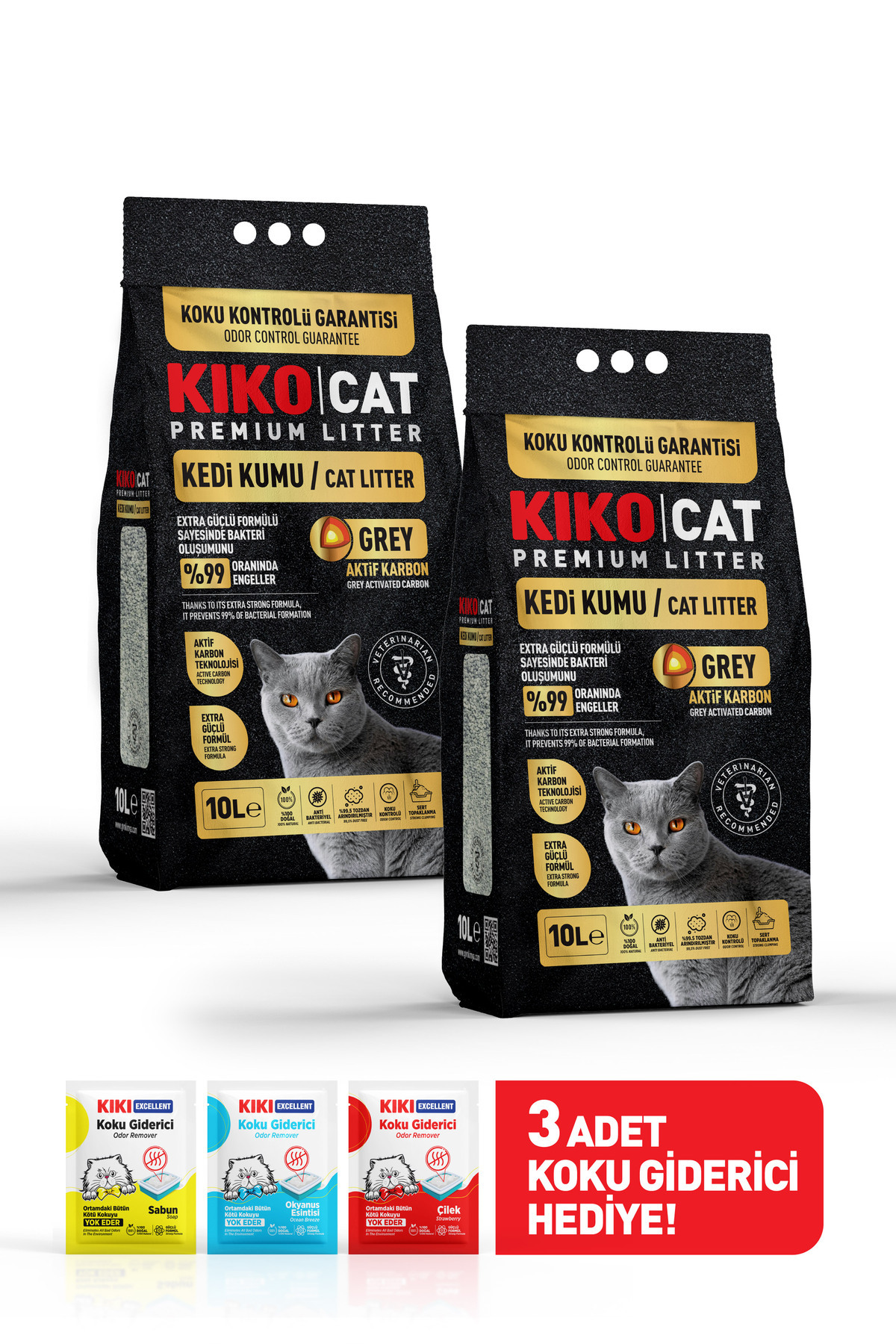 KIKO CAT GREY AKTİF KARBON PREMIUM BENTONİT KEDİ KUMU - (İKİLİ
