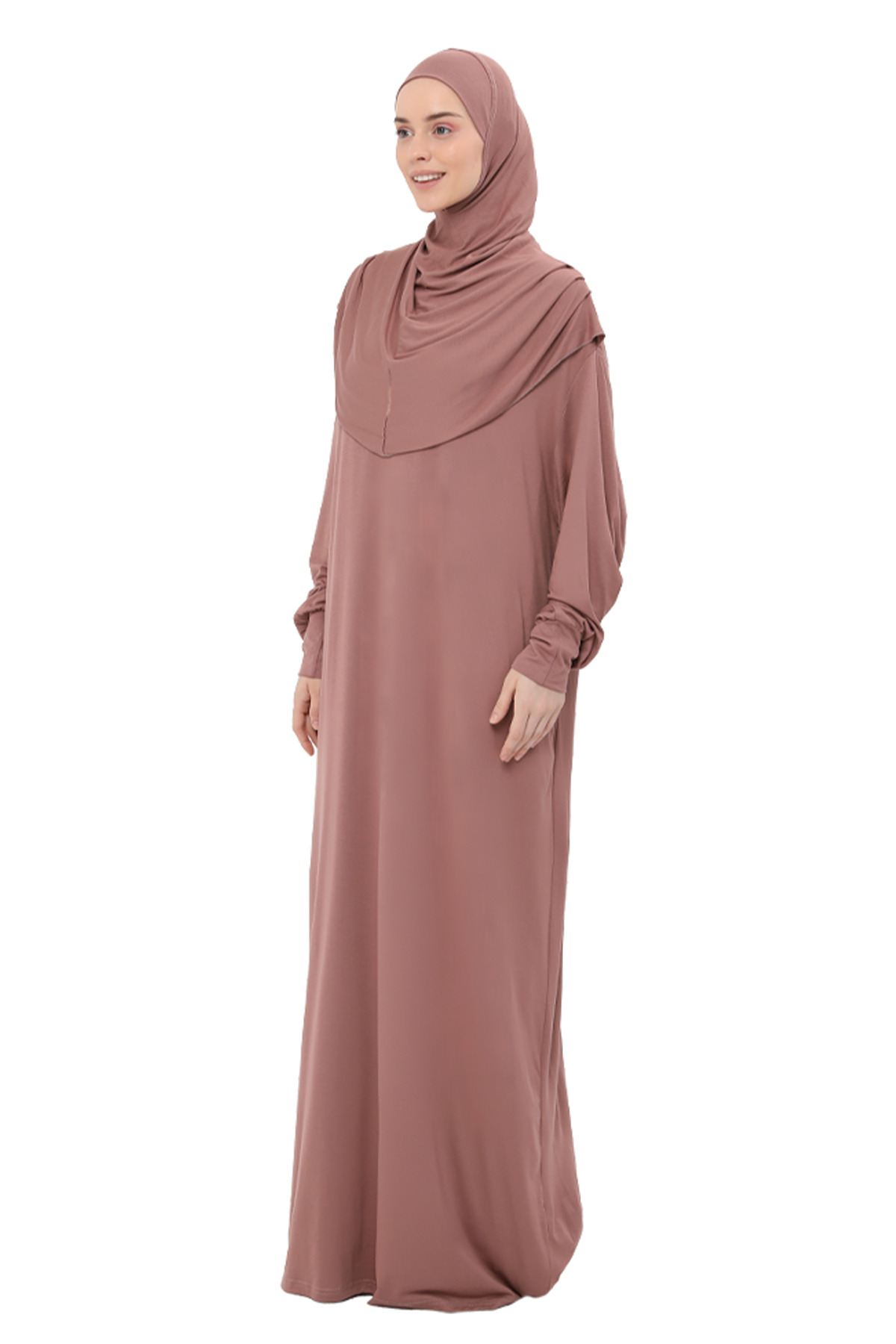Altobeh  Pratik Tek Parça Pamuklu Yarasa Kollu Tak Çıkar Başörtülü Organik Namaz Elbisesi Toprak - Görsel 4