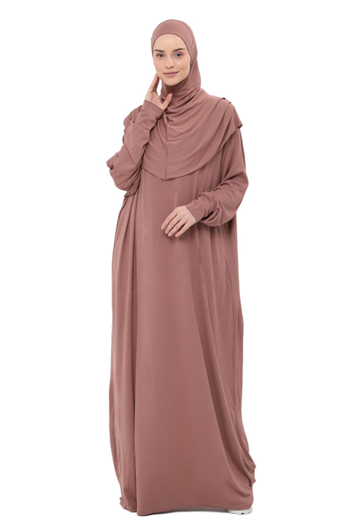 Altobeh Pratik Tek Parça Pamuklu Yarasa Kollu Tak Çıkar Başörtülü Organik Namaz Elbisesi Toprak