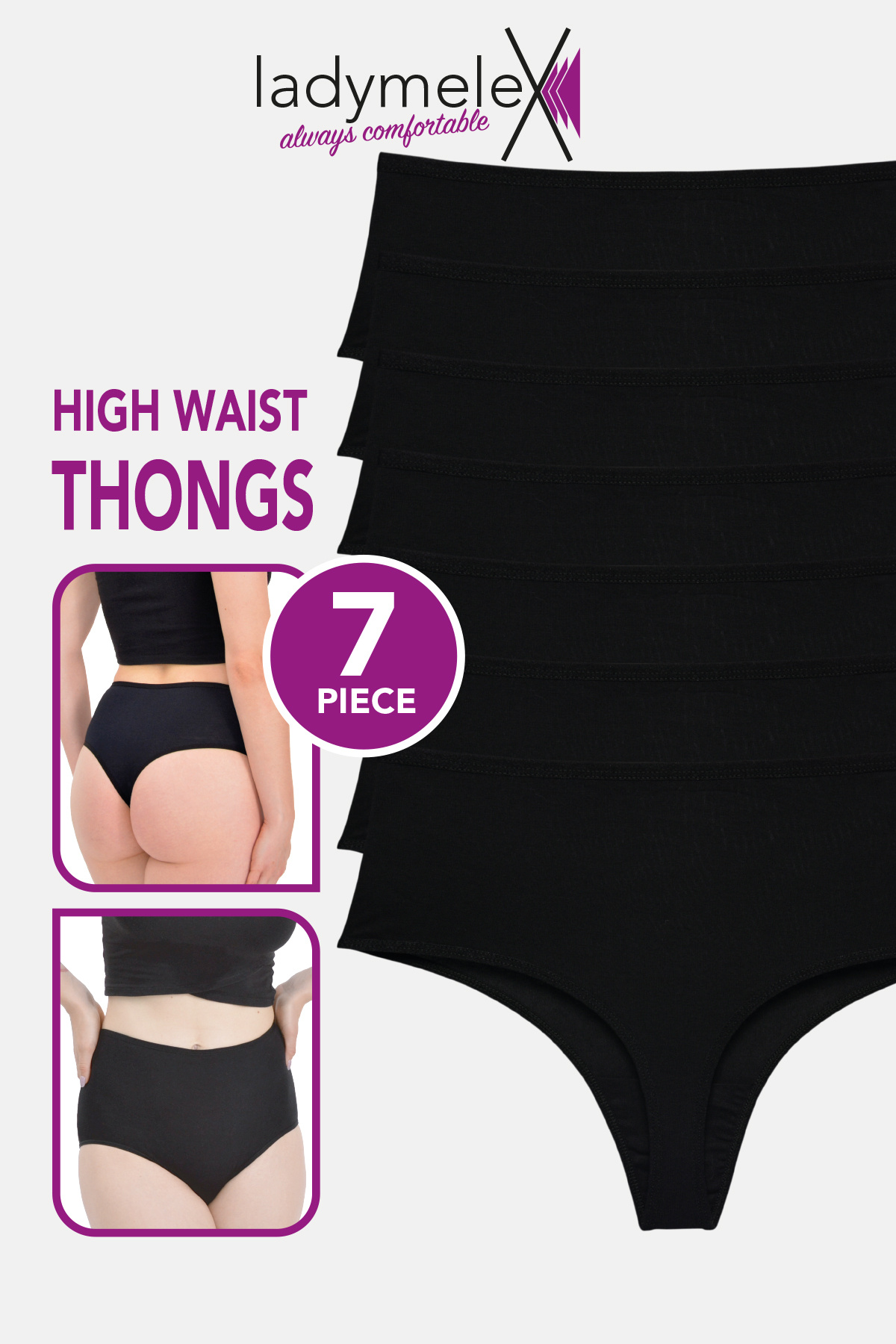 LadyMelex Női tanga, 7 darabos csomag, magas derekú tanga, fekete, puha pamut...