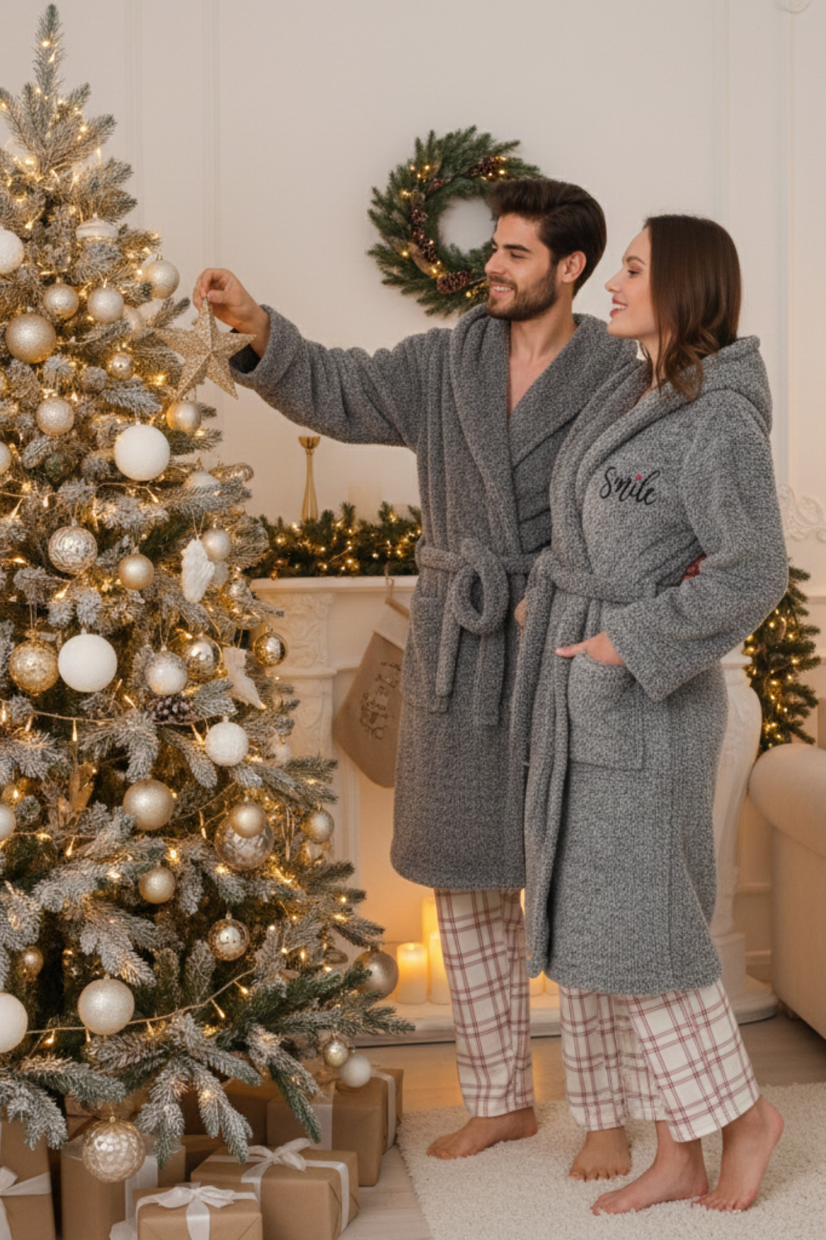 Welsoft Grey Plush Dressing Gown Family Set with Long Hood