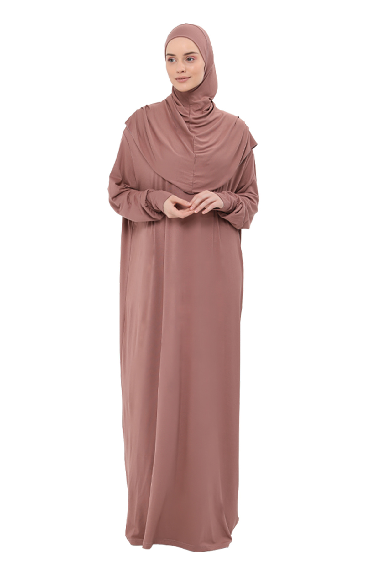 Altobeh  Pratik Tek Parça Pamuklu Yarasa Kollu Tak Çıkar Başörtülü Organik Namaz Elbisesi Toprak - Görsel 6