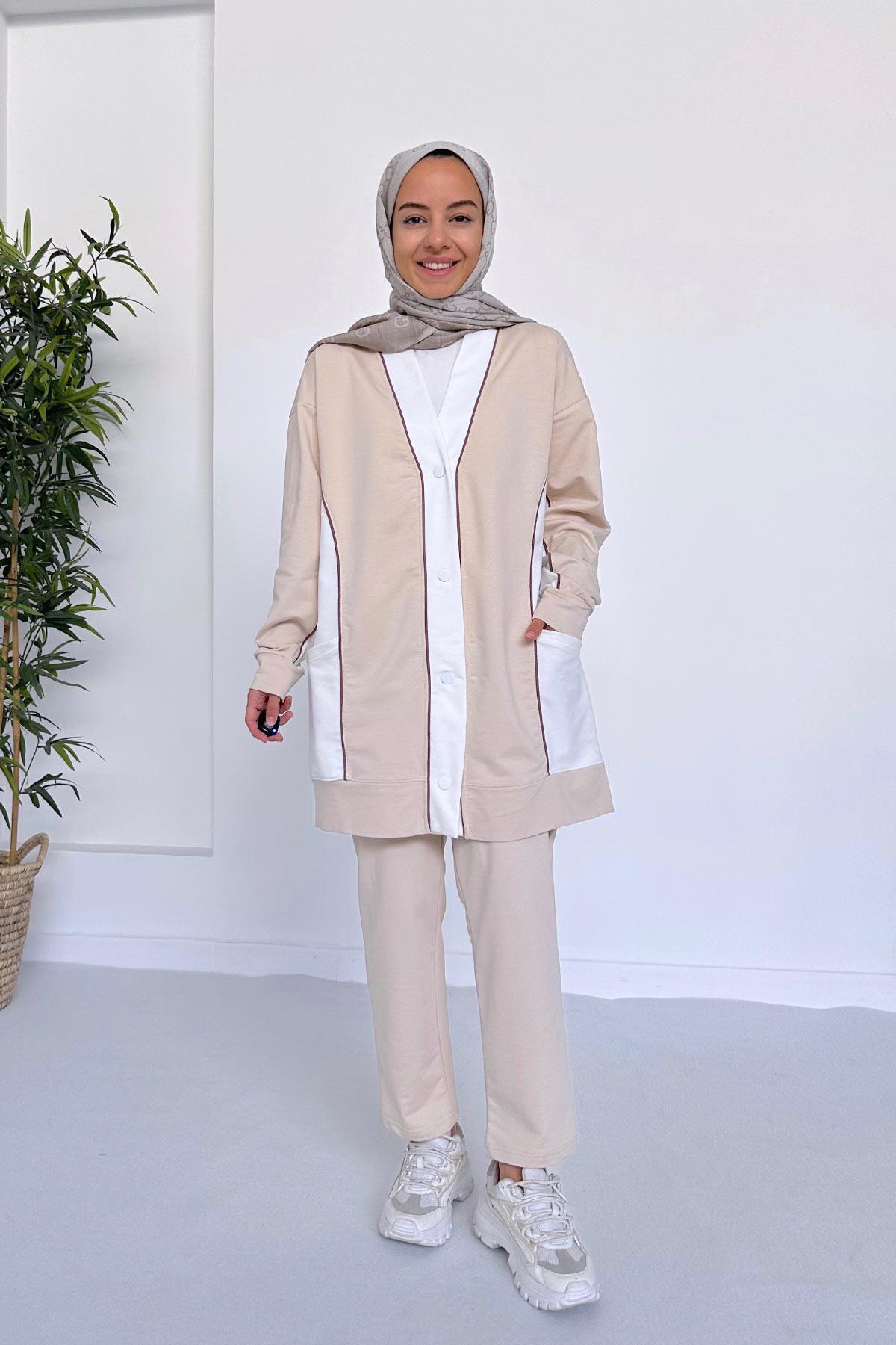 Ka Hijab Double Color Cardigan Two Thread Suit - Milk Brown