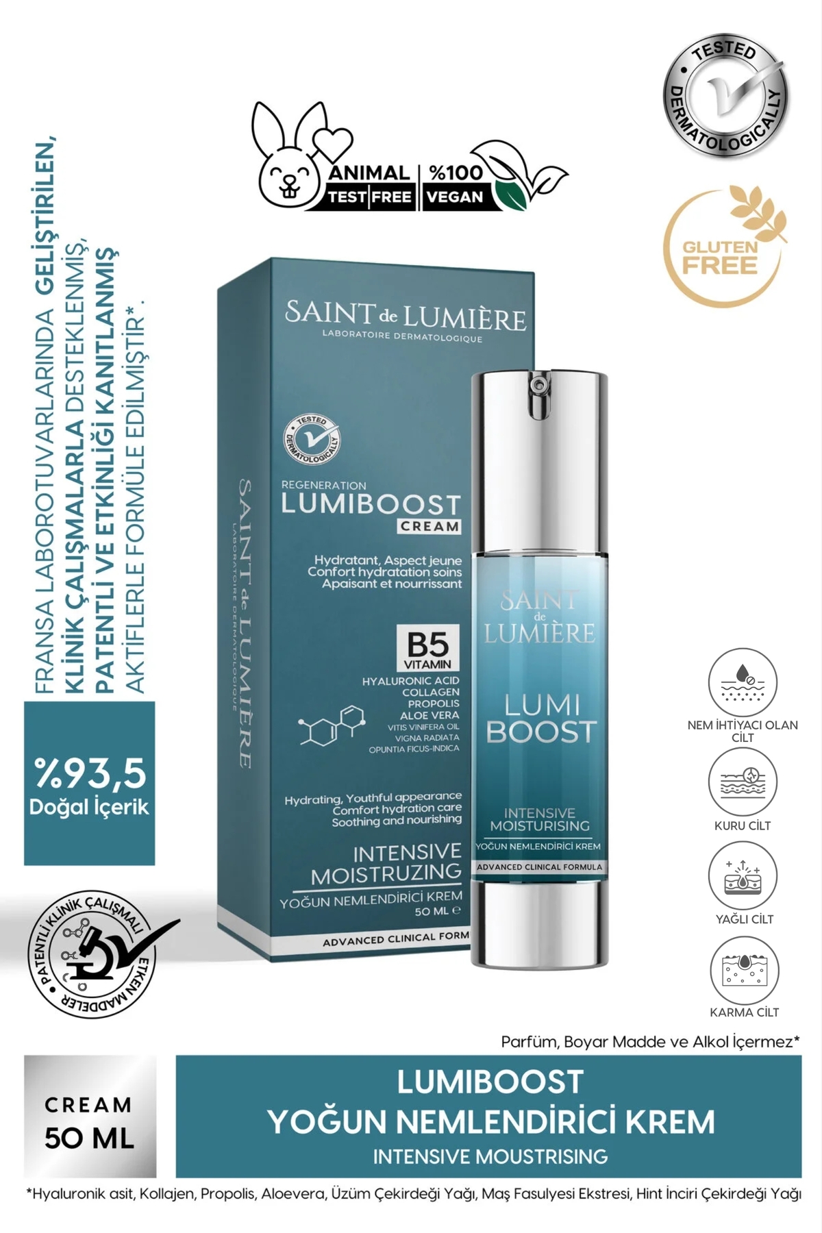 SAINT DE LUMIERE LUMIBOOST 72 Saat Etkili Nem Koruyucu Nemlendirici, Yaşlanma Karşıtı Krem 50ml-Kolajen,B5,Hyaluronik