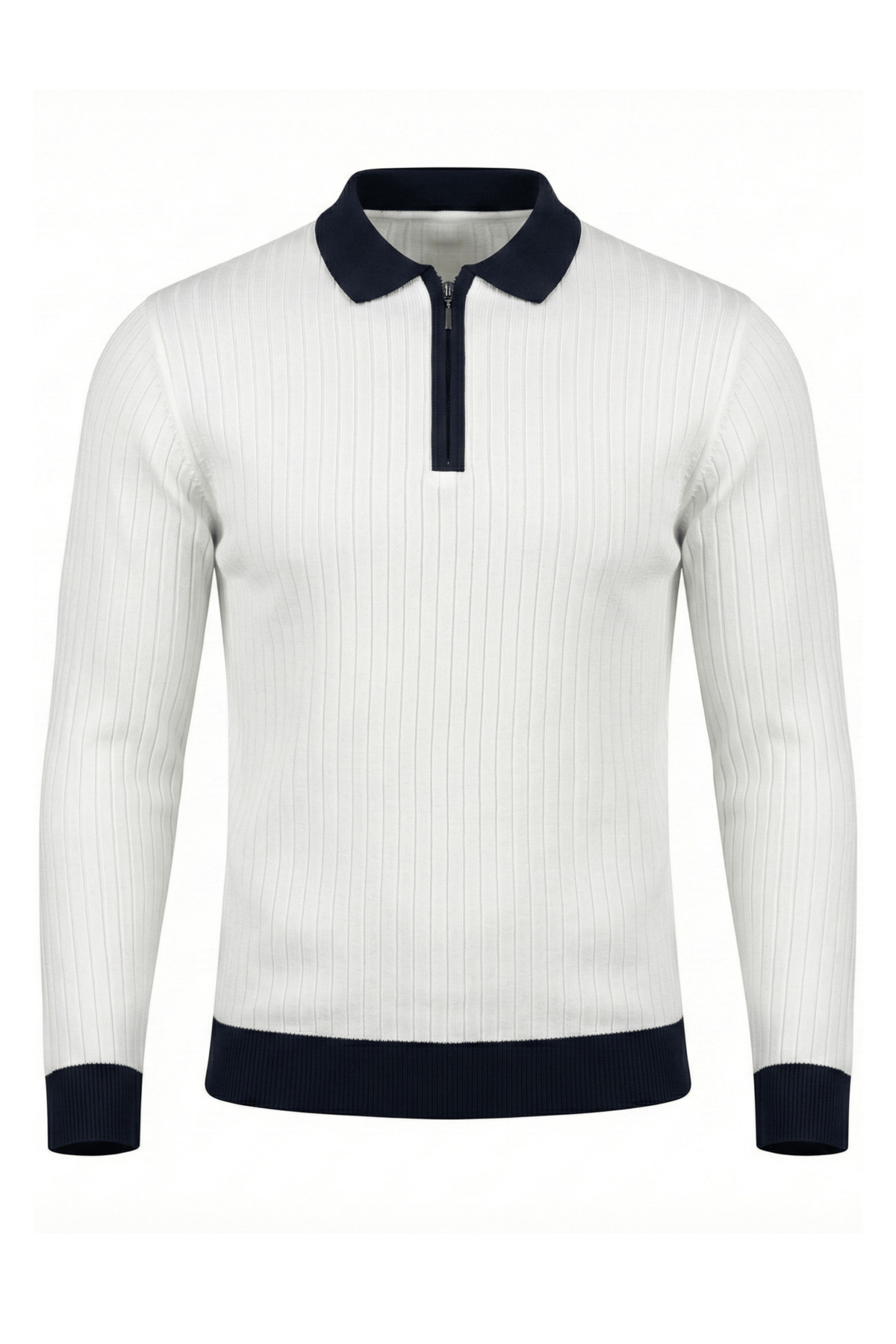 viyamen Erkek Beyaz Likralı Slim Fit Yarım Fermuarlı Triko Kazak görsel 2
