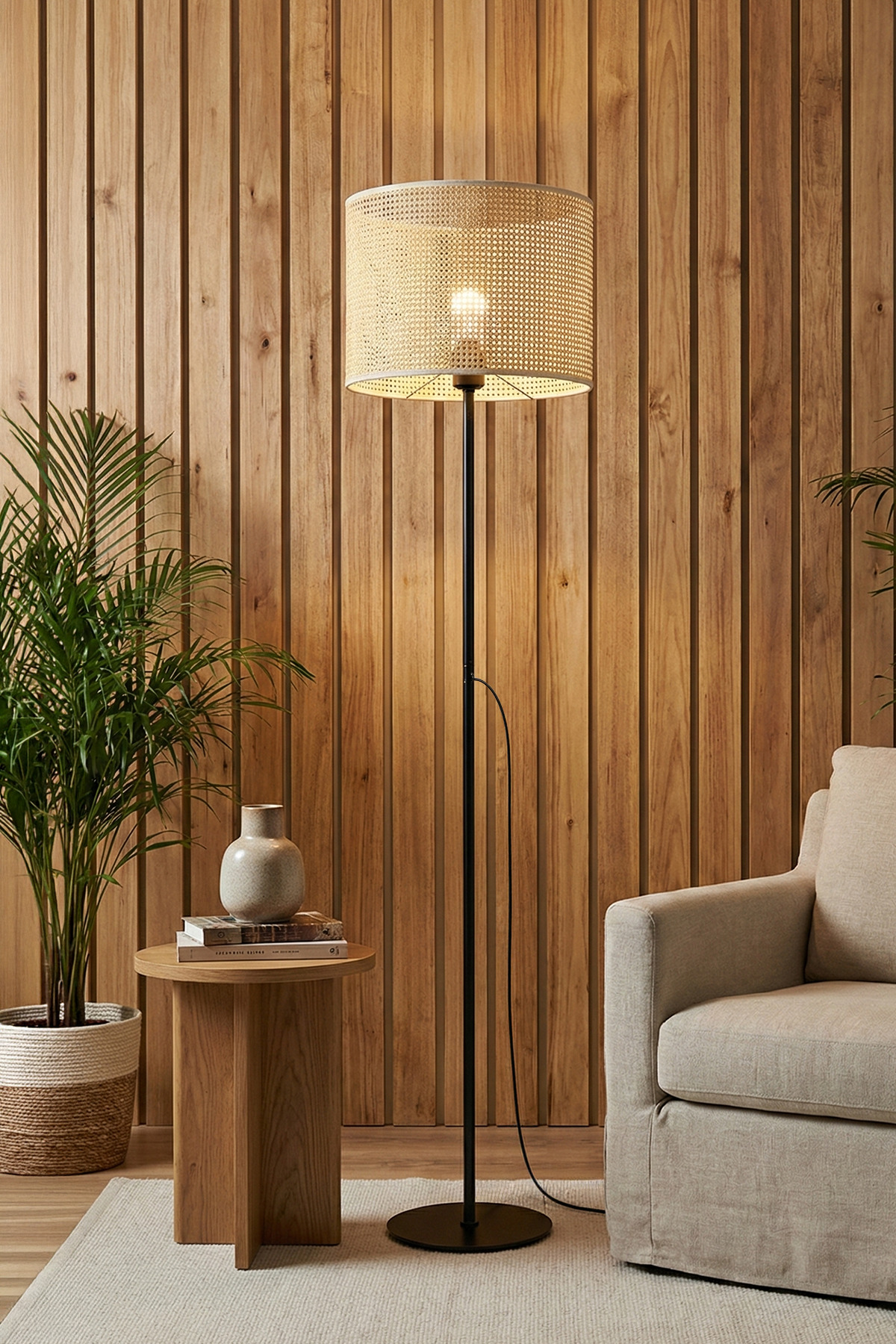 Marrien June Bohem Rattan Görünümlü Siyah Metal Ayaklı Lambader 145cm Dekoratif Salon Köşe Lambası