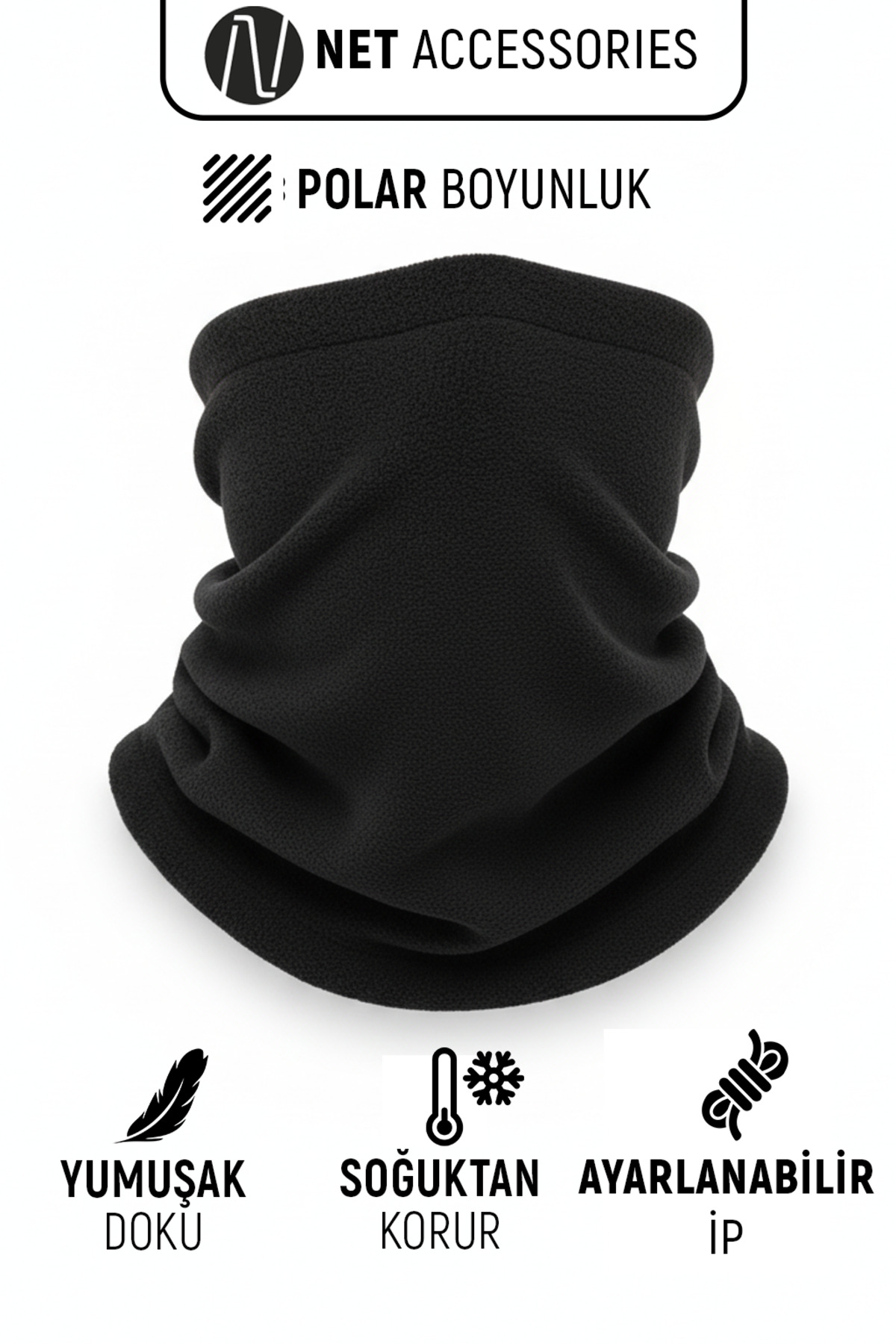 Net Tekstil Siyah Termal Polar Soğuk Geçirmez Boyunluk Unisex Pamuklu Kışlık Ayarlanabilir İpli Bere