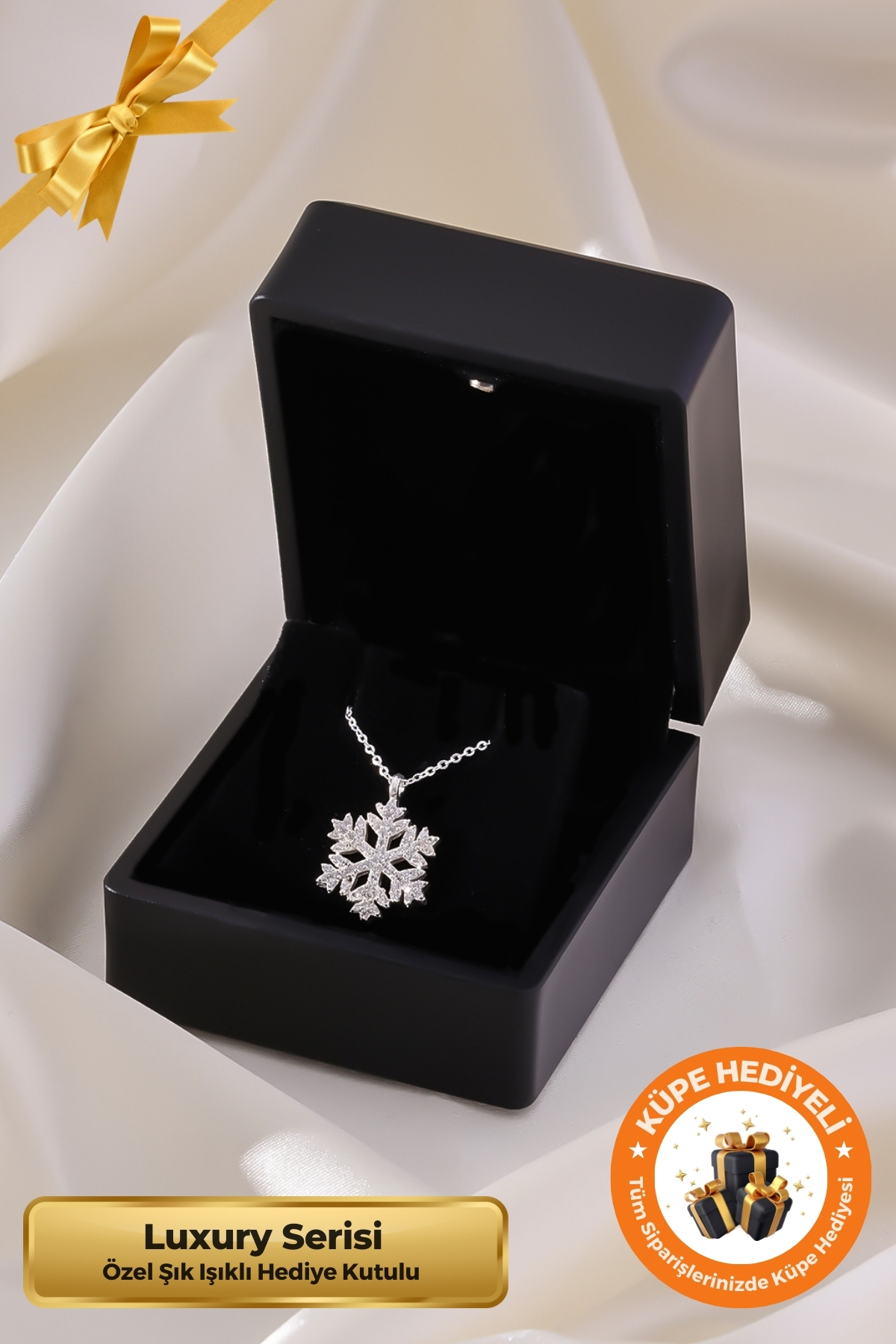 Lucente Jewellery Yılbaşına Özel Işıklı Hediye Kutulu Beyaz Kar Tanesi 925 Ayar Gümüş Kaplama Yılbaşı Hediyesi Kolye