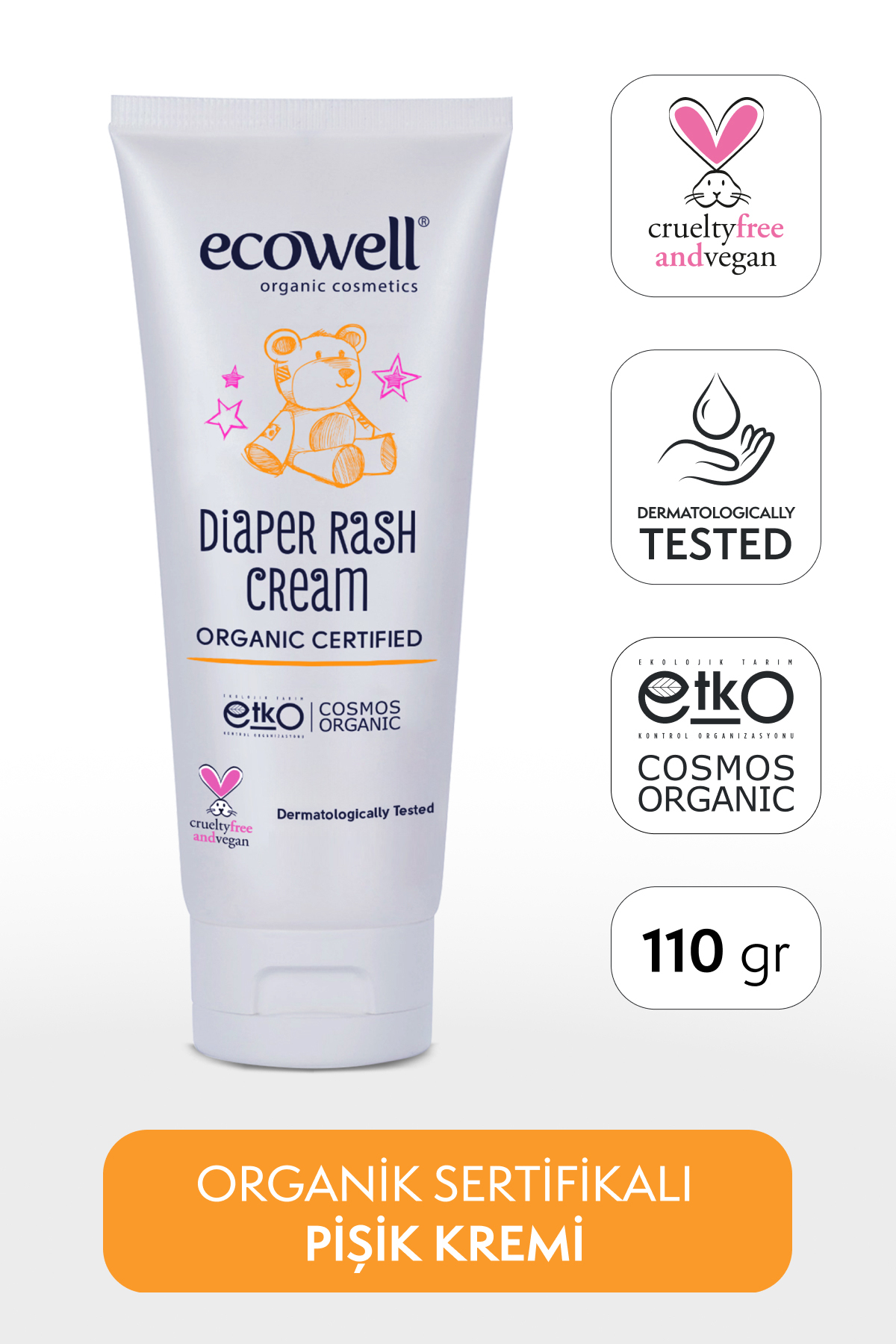 Ecowell Organik Pişik Kremi, Vegan Sertifikalı, Yenidoğan Çinko Krem, Nemlendirici, Tahriş Önleyici 110gr