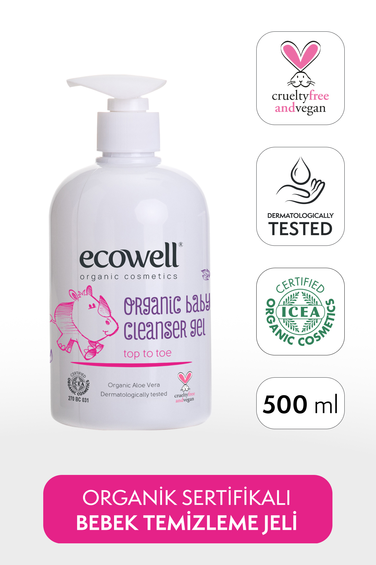 Ecowell Organik Bebek Ve Çocuk Temizleme Jeli, Vegan Sertifikalı, Şampuan, Duş Jeli Sabun Parabensiz 500ml