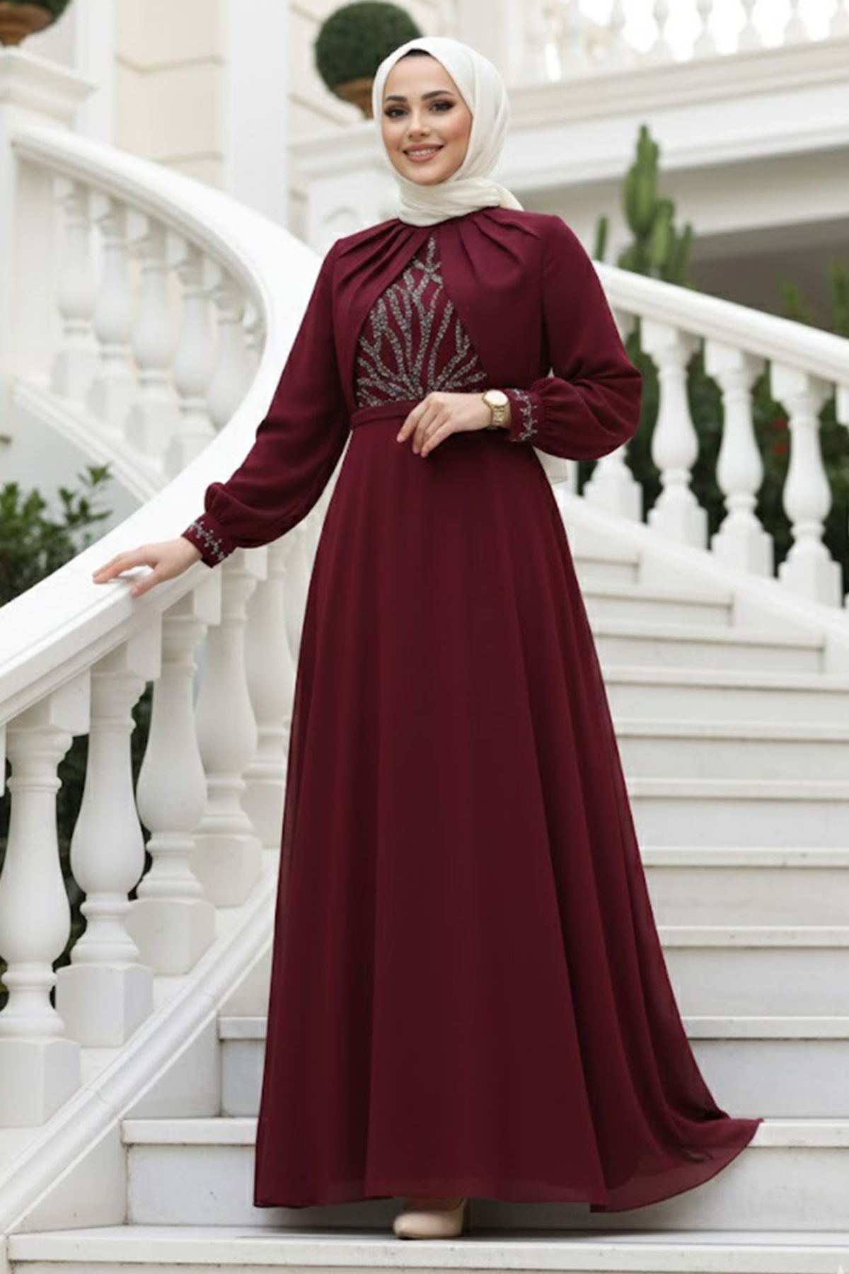 Neva Style Beaded Burgundy Hijab Evening Dress 25886Br- Trendyol