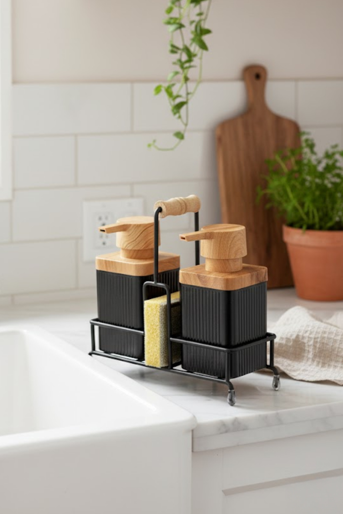 Mimosa Wood Detailed Dishwashing Detergent and Liquid Soap Dispenser Kitchen Set with Metal Stand -Sponge Gift